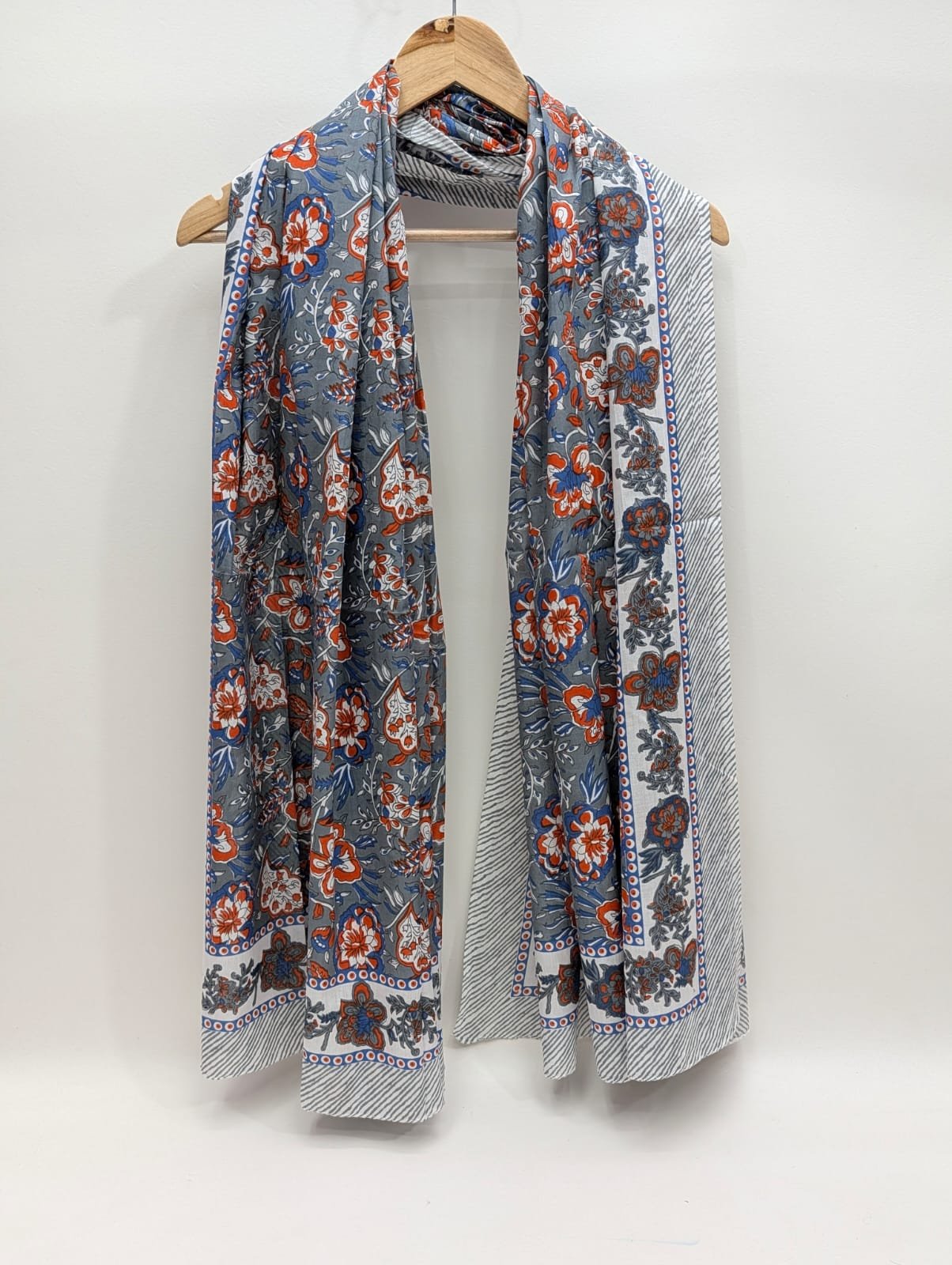Blue floral block print cotton stole Jaipur
