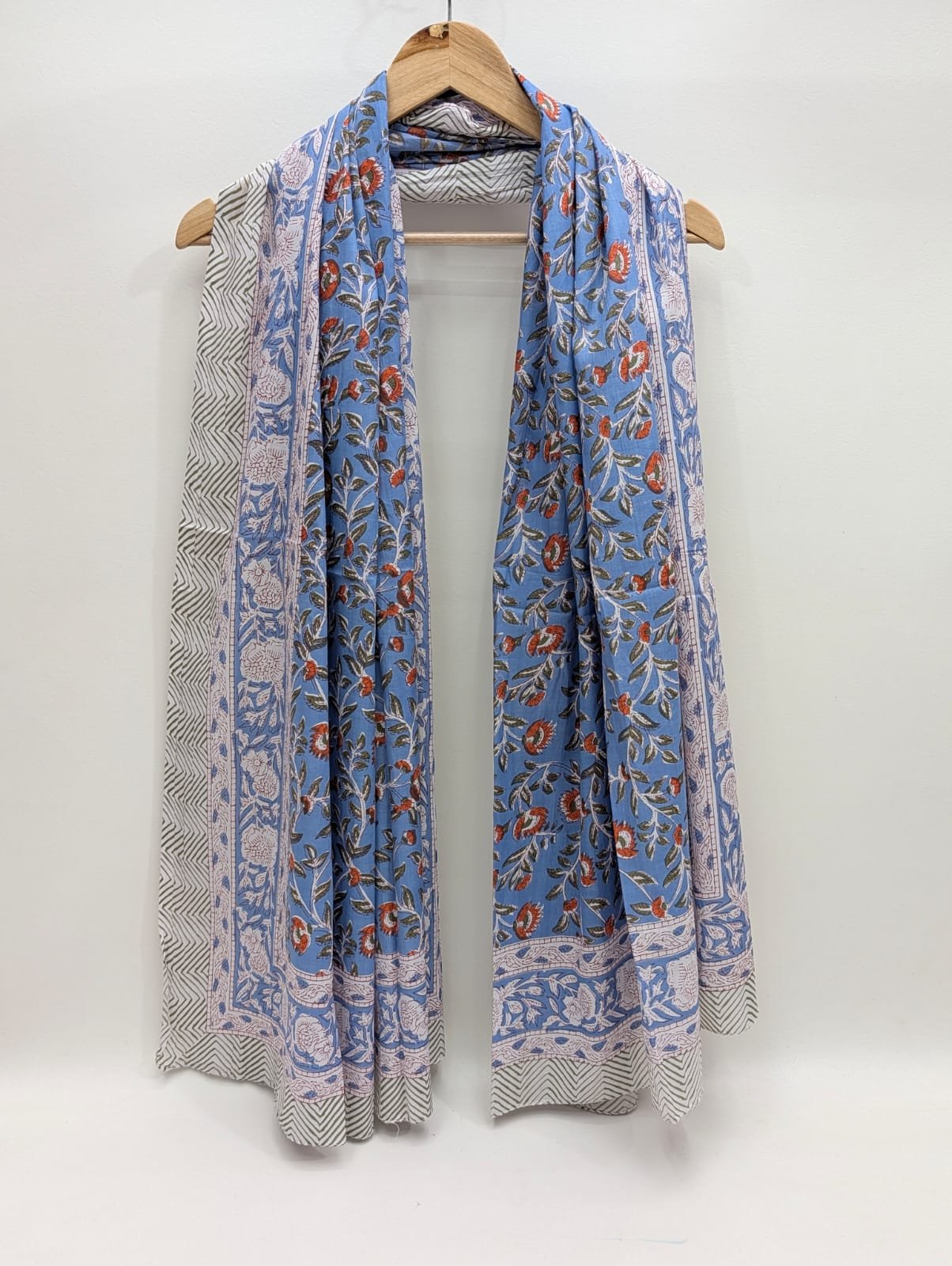 Blue floral block print mul cotton stole fabric