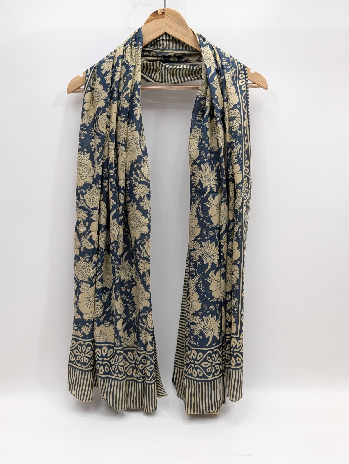 Navy floral block print cotton stole fabric