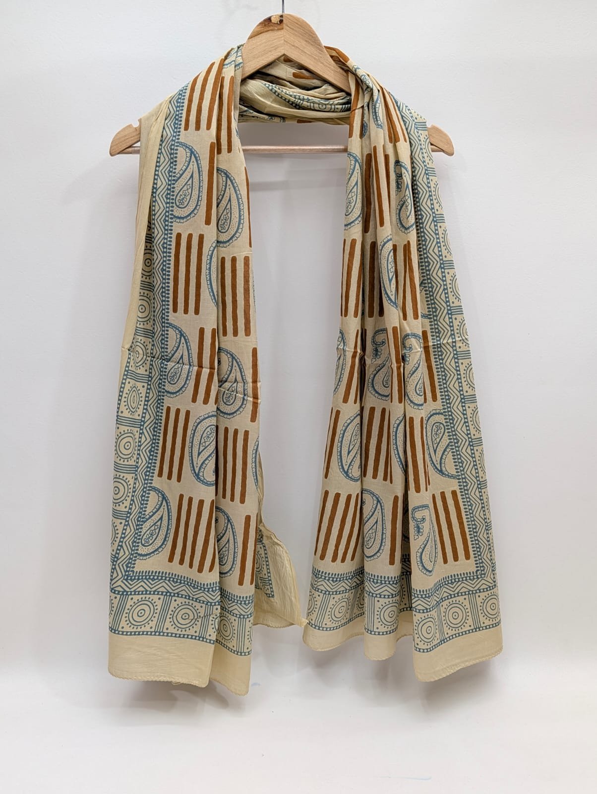 Blue brown block print mul cotton stole fabric