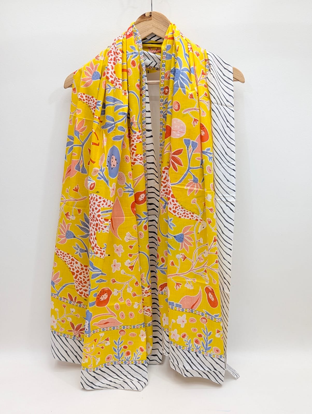 Yellow floral block print mul cotton stole