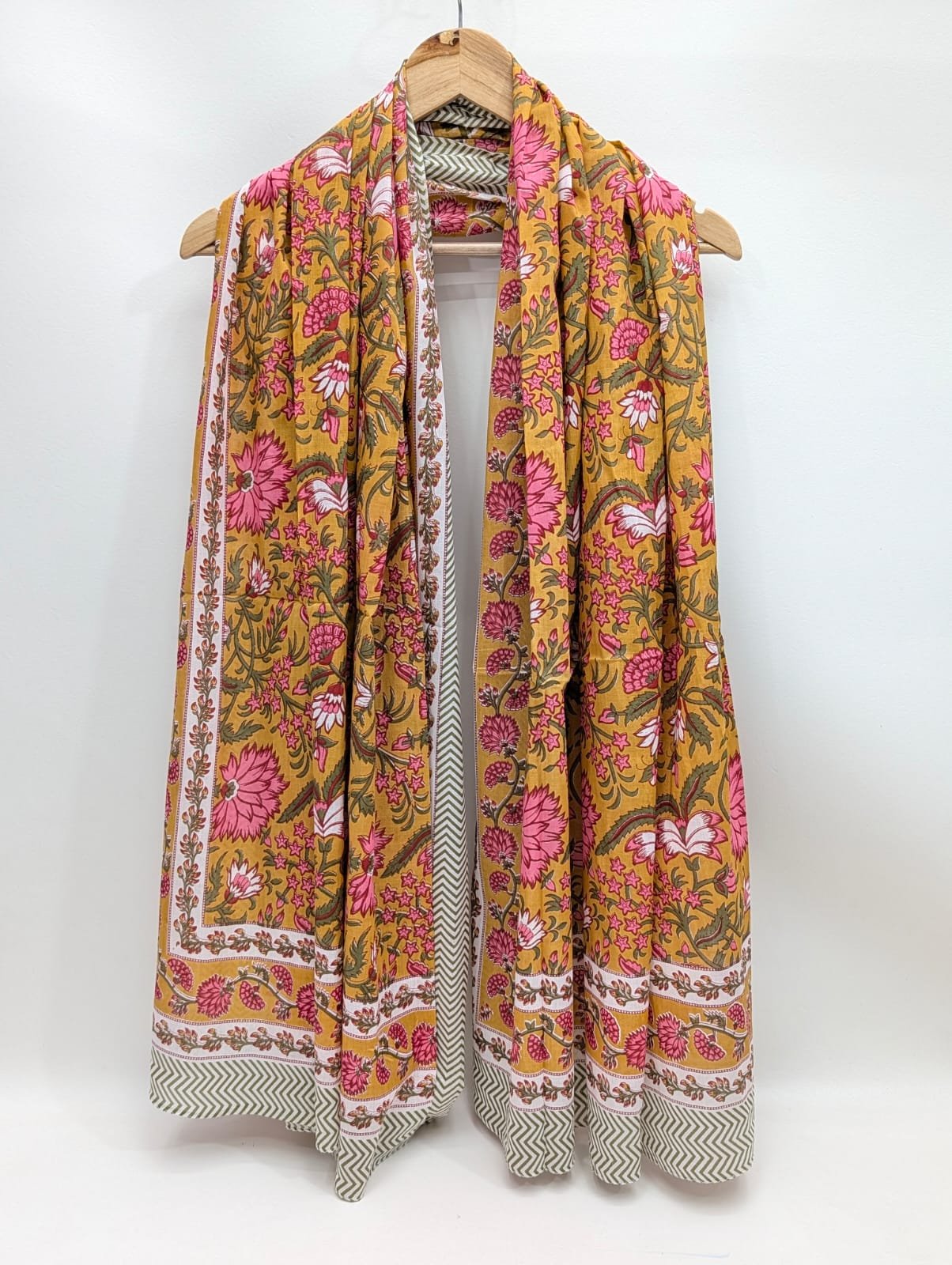 Pink floral block printed mul cotton stole