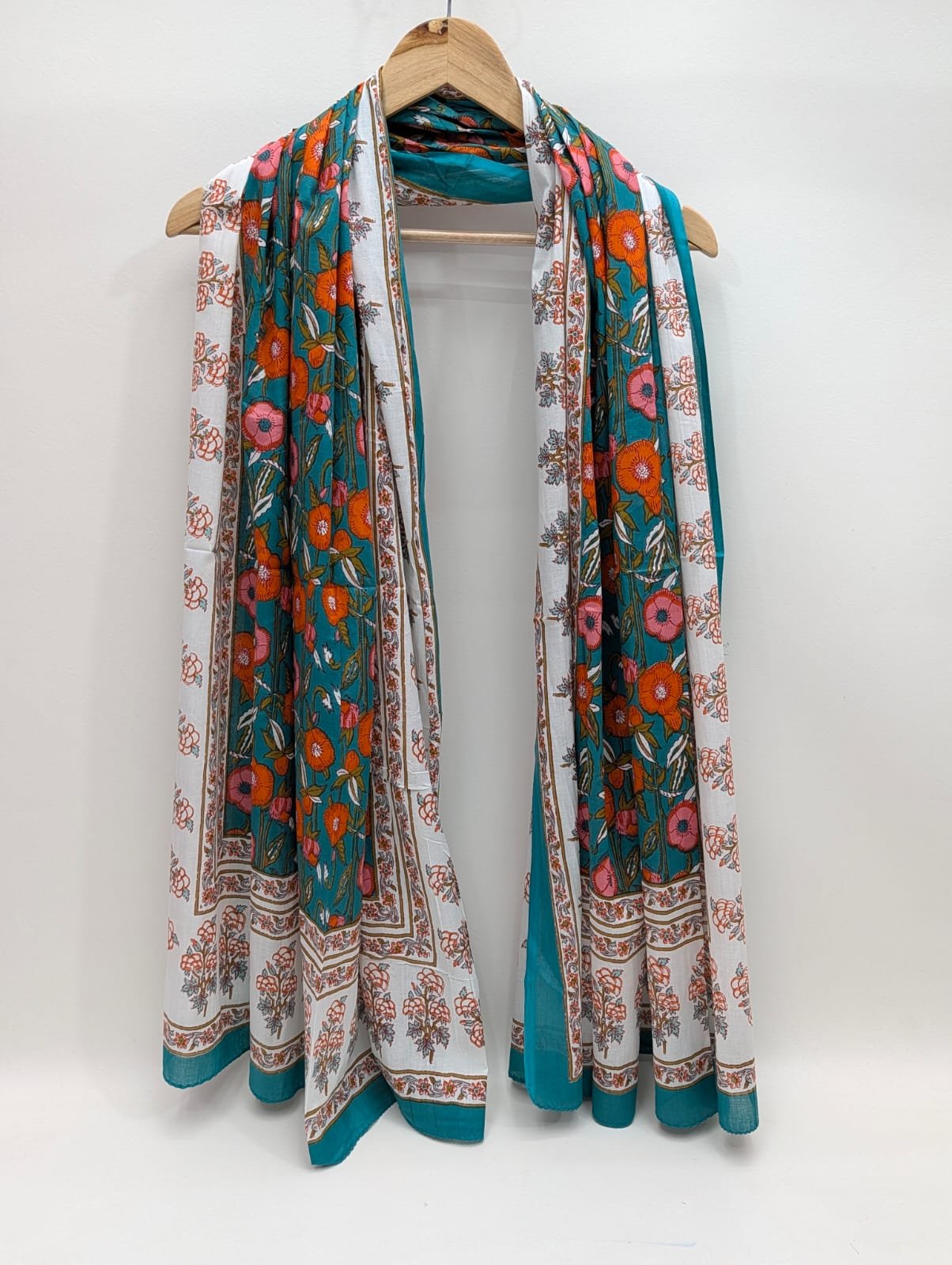 Teal floral mul cotton stole with border