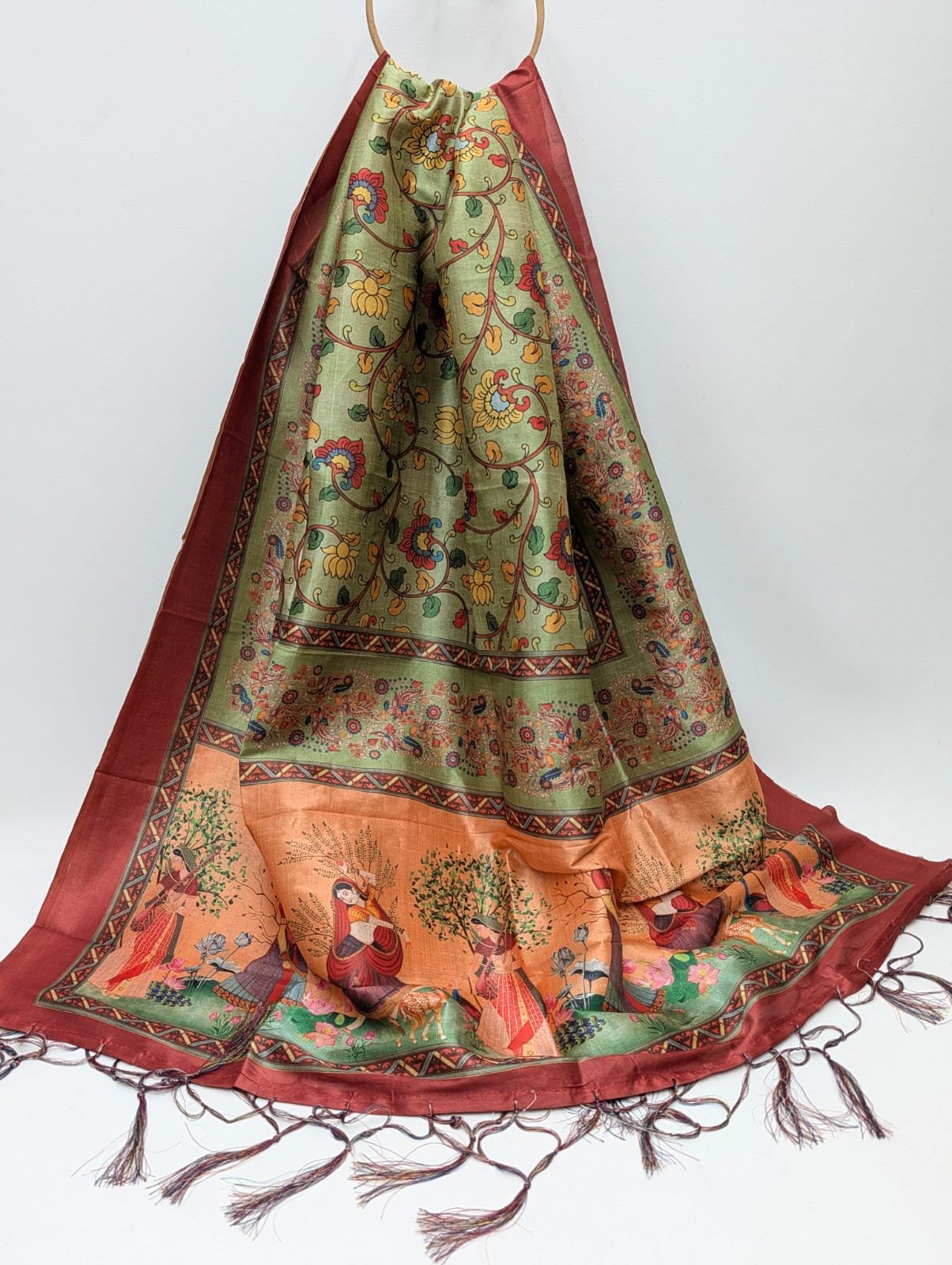 Green ethnic print Assam Silk dupatta India