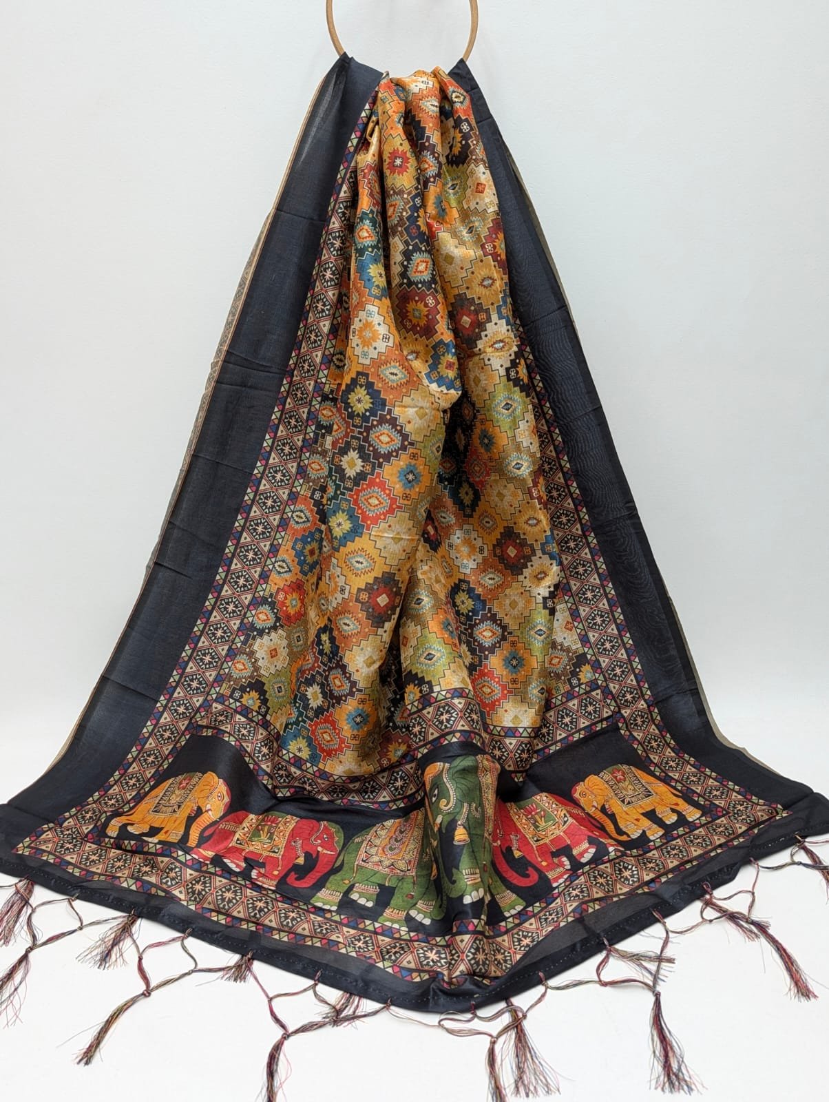 Black elephant motif Assam Silk dupatta tassels