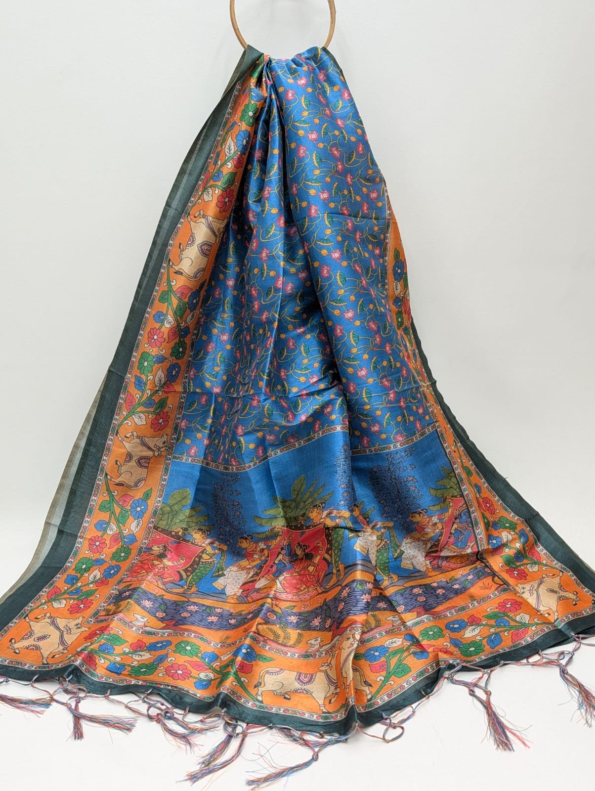 Blue botanical print Assam Silk dupatta India