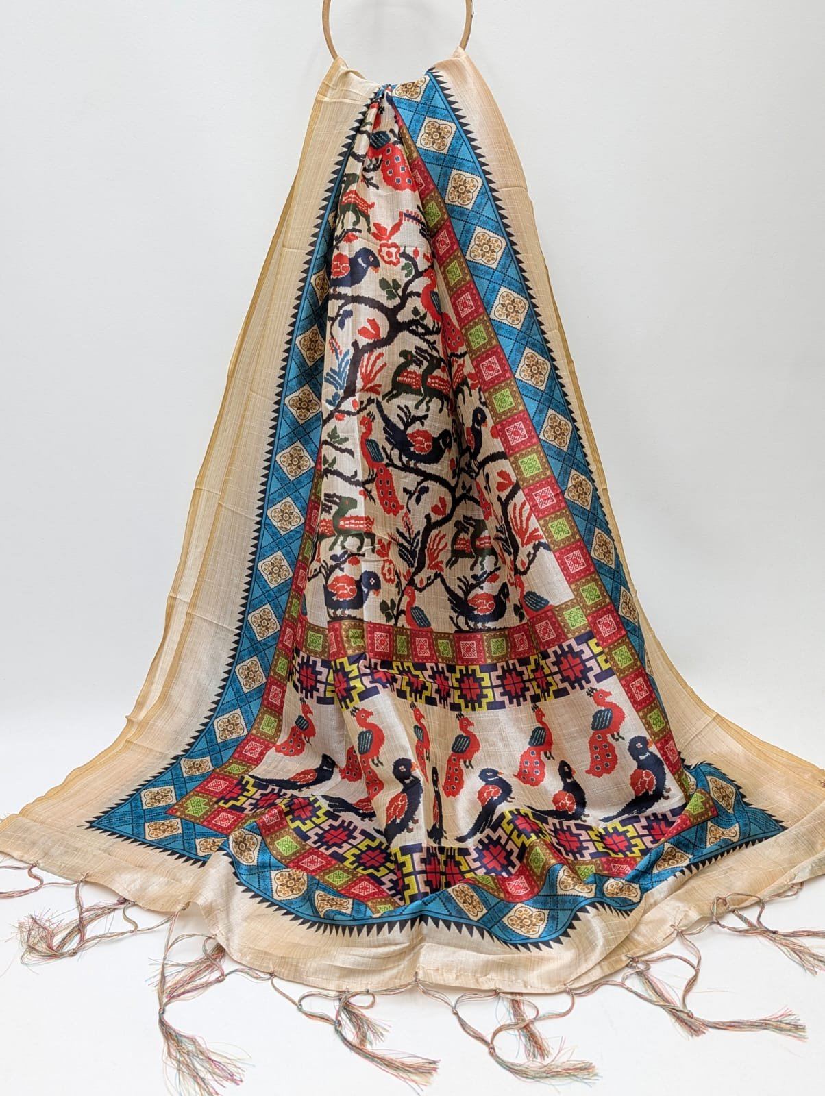 Beige ethnic motif Assam Silk dupatta tassels