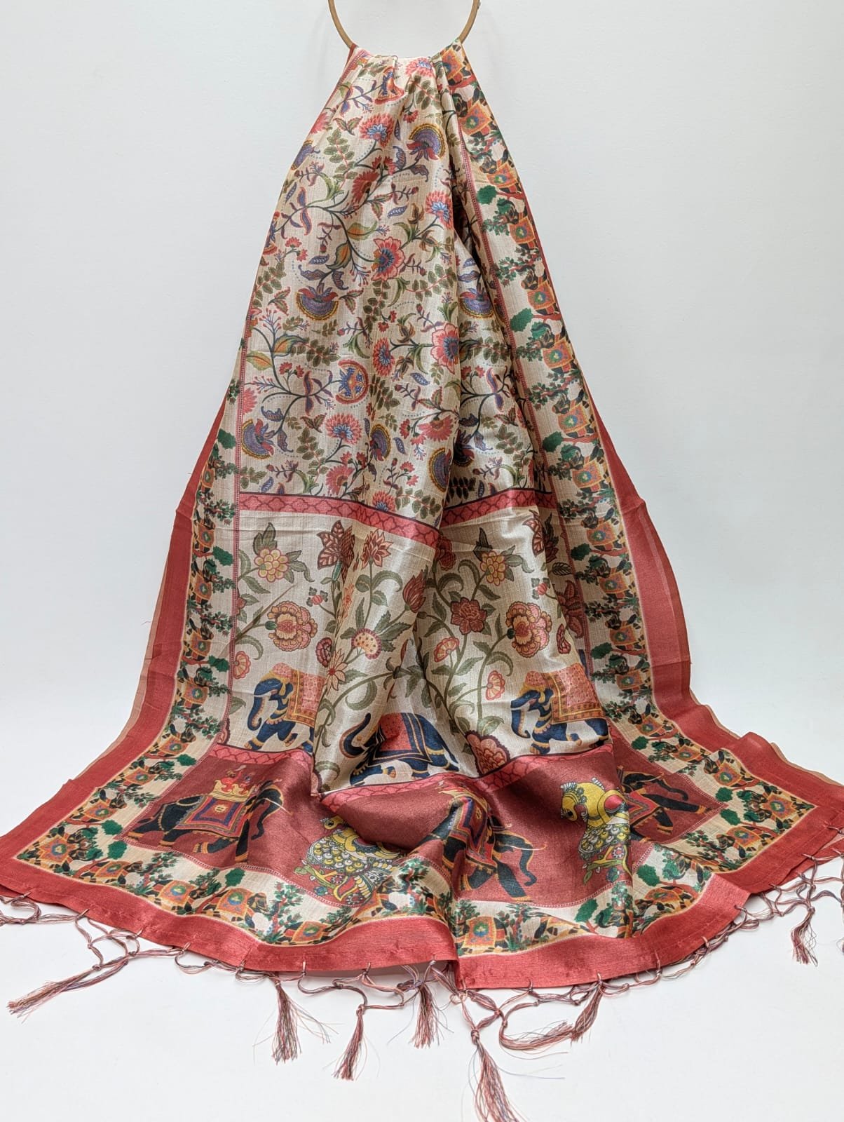 Floral print Assam Silk dupatta with tassels