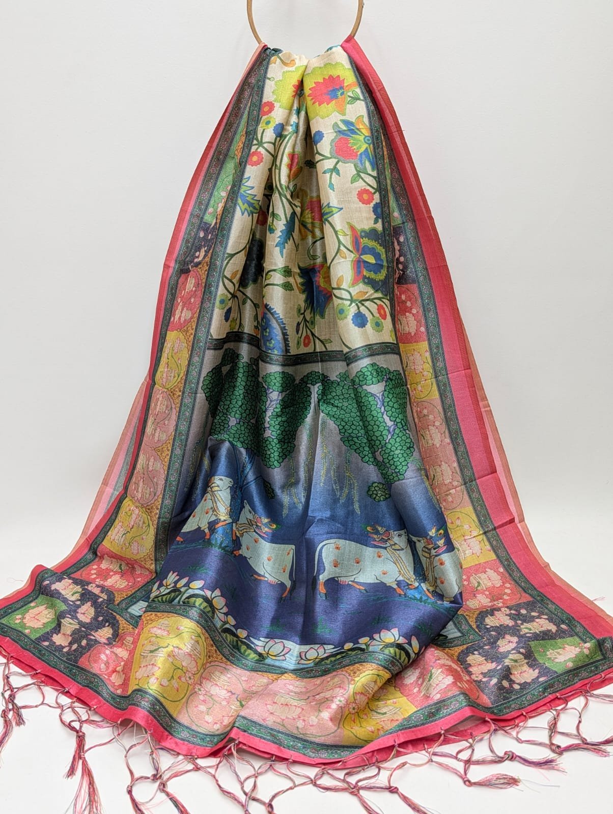 Multicolor floral Assam Silk stole with tassels