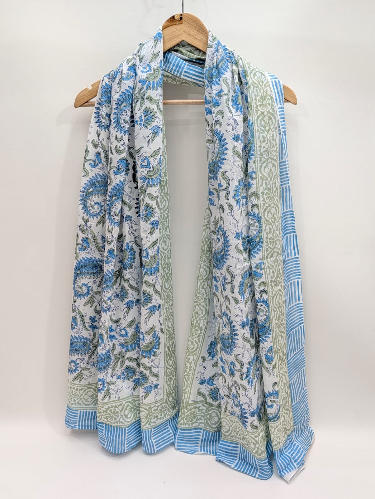 Blue floral block print cotton stole dupatta