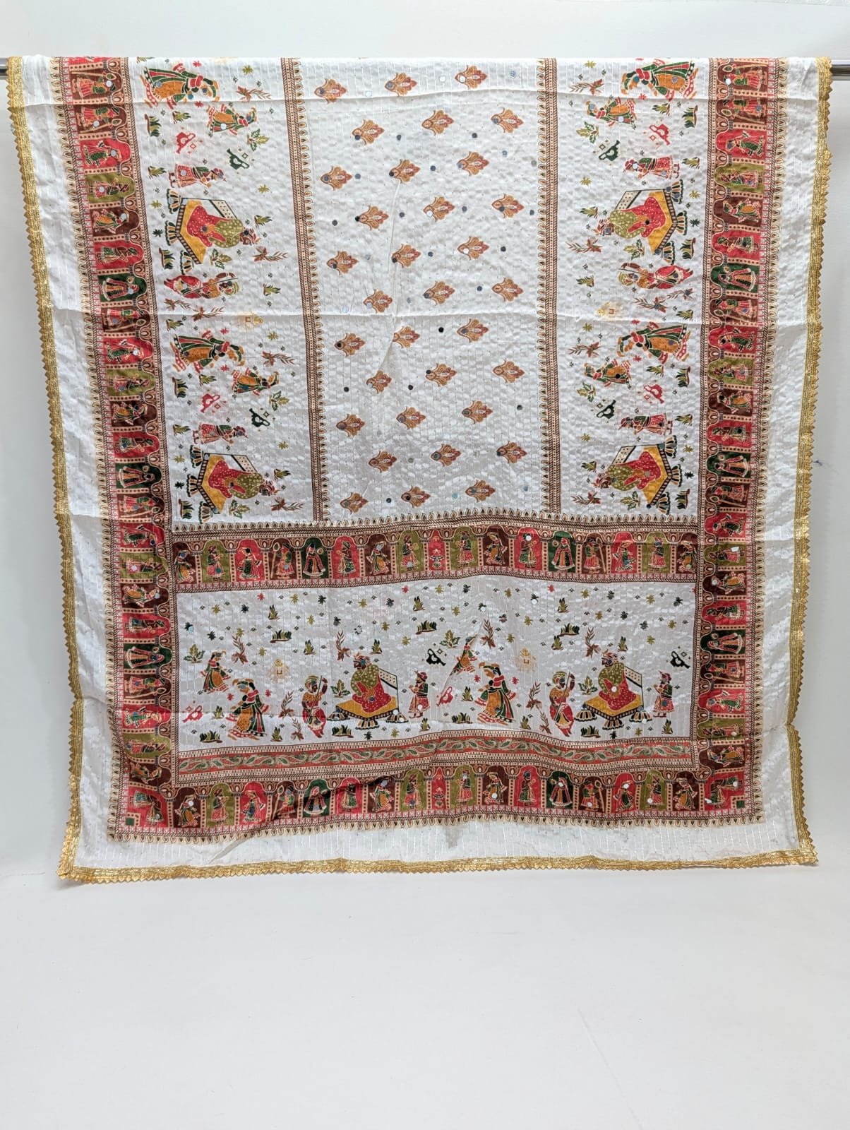 White ethnic motif Chinon dupatta with mirrors