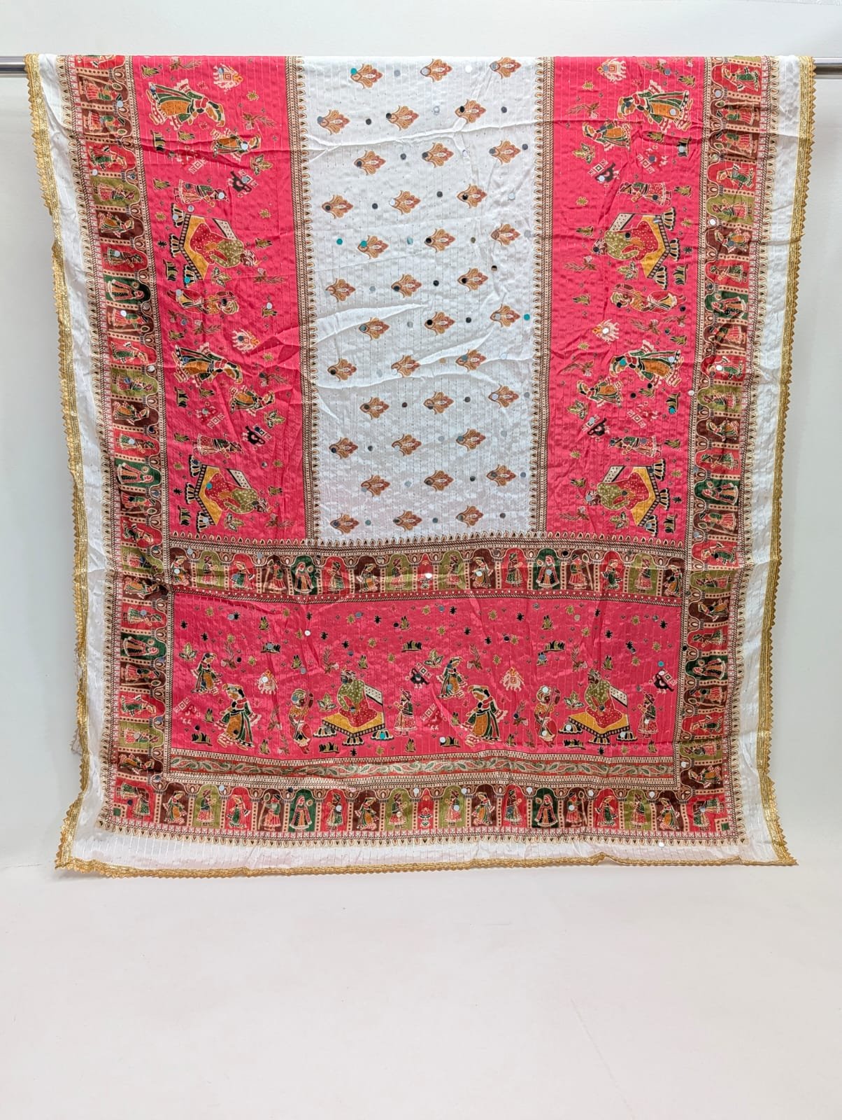 Pink ethnic motif Chinon dupatta with mirror work