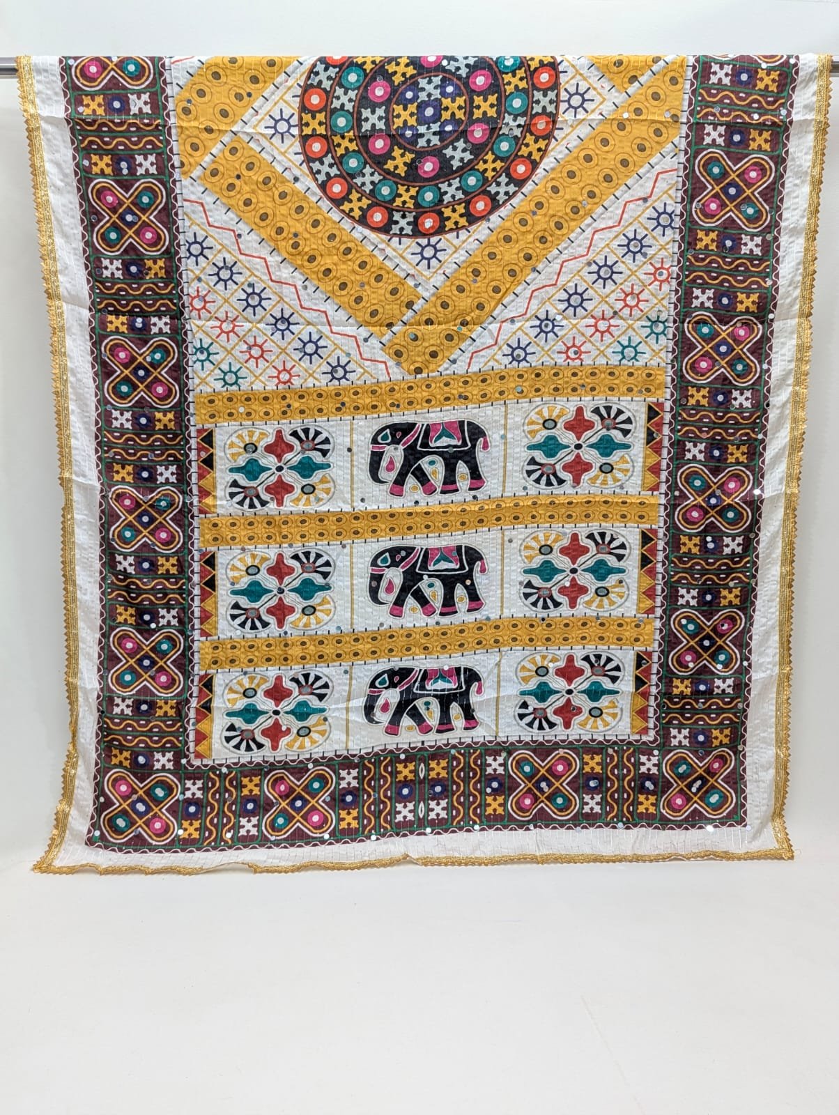 Yellow geometric Chinon dupatta with elephant motifs