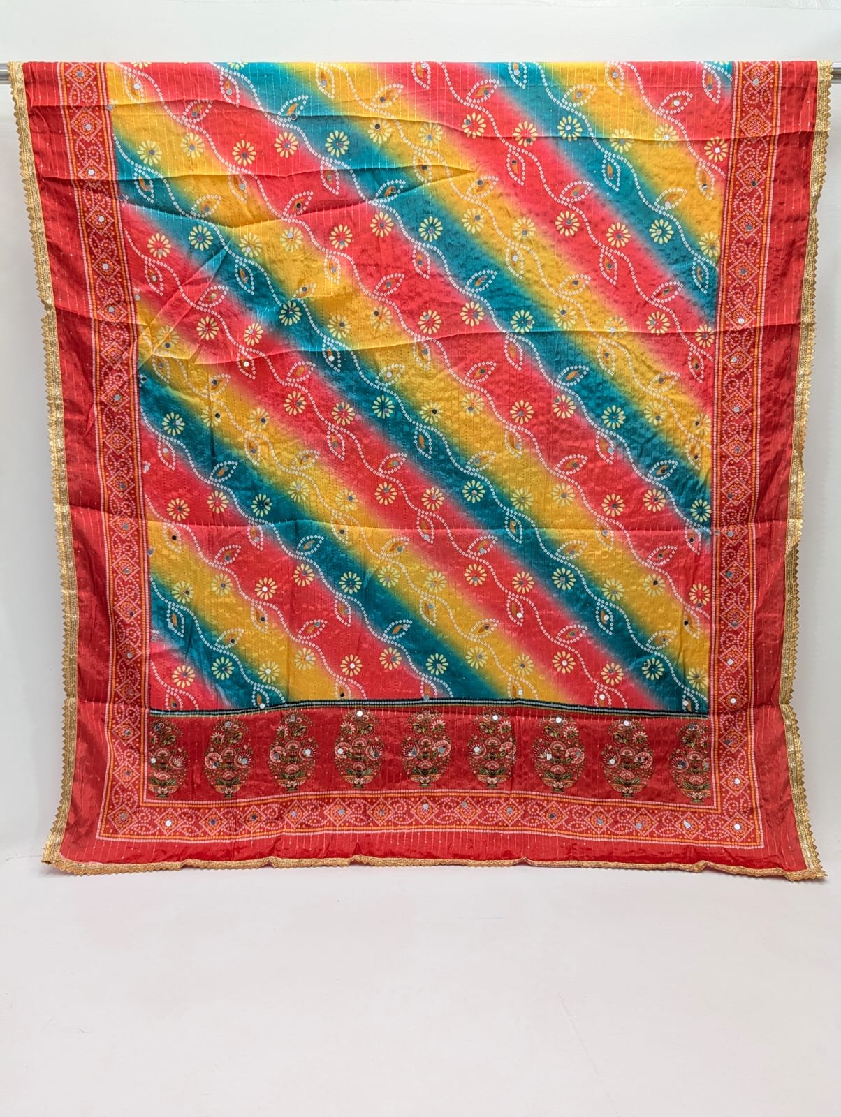 Red diagonal striped Chinon stole with mirror work