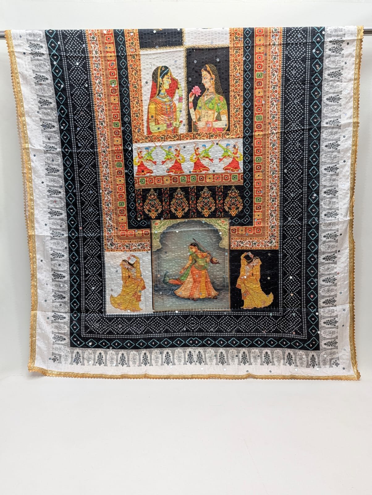 Black and white Chinon dupatta with ethnic print