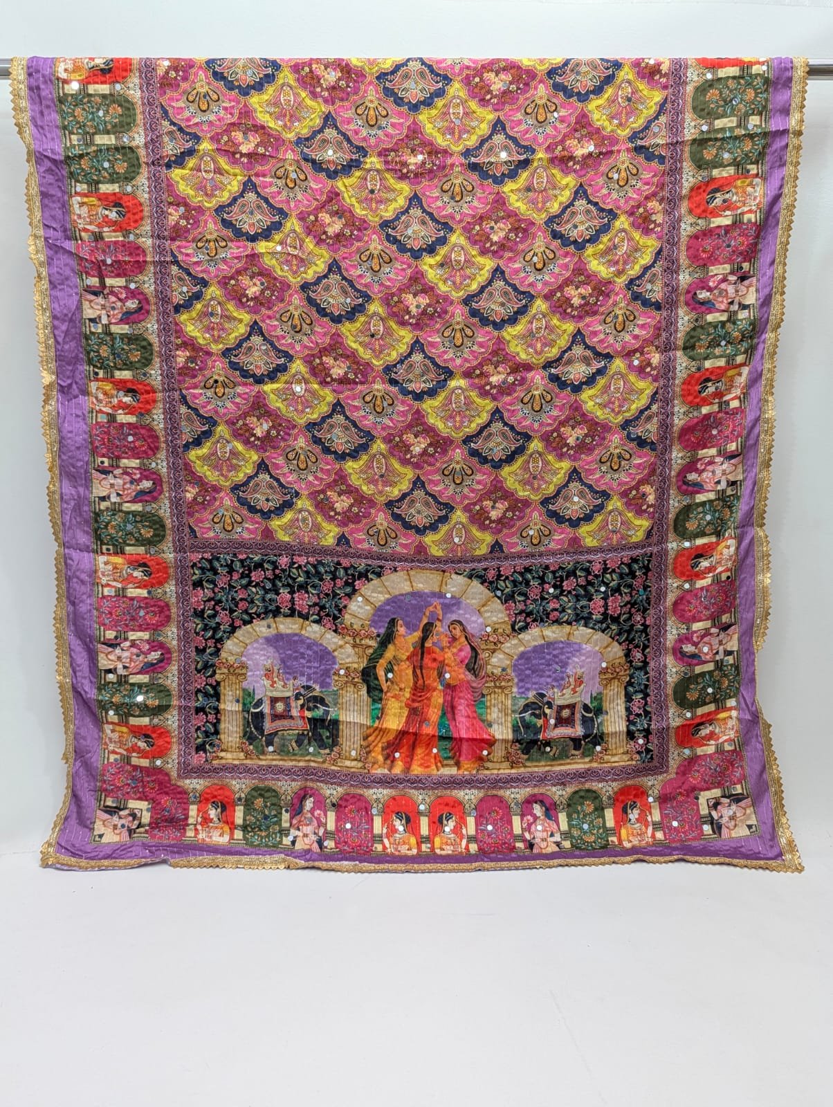 Pink floral Chinon dupatta with ethnic print