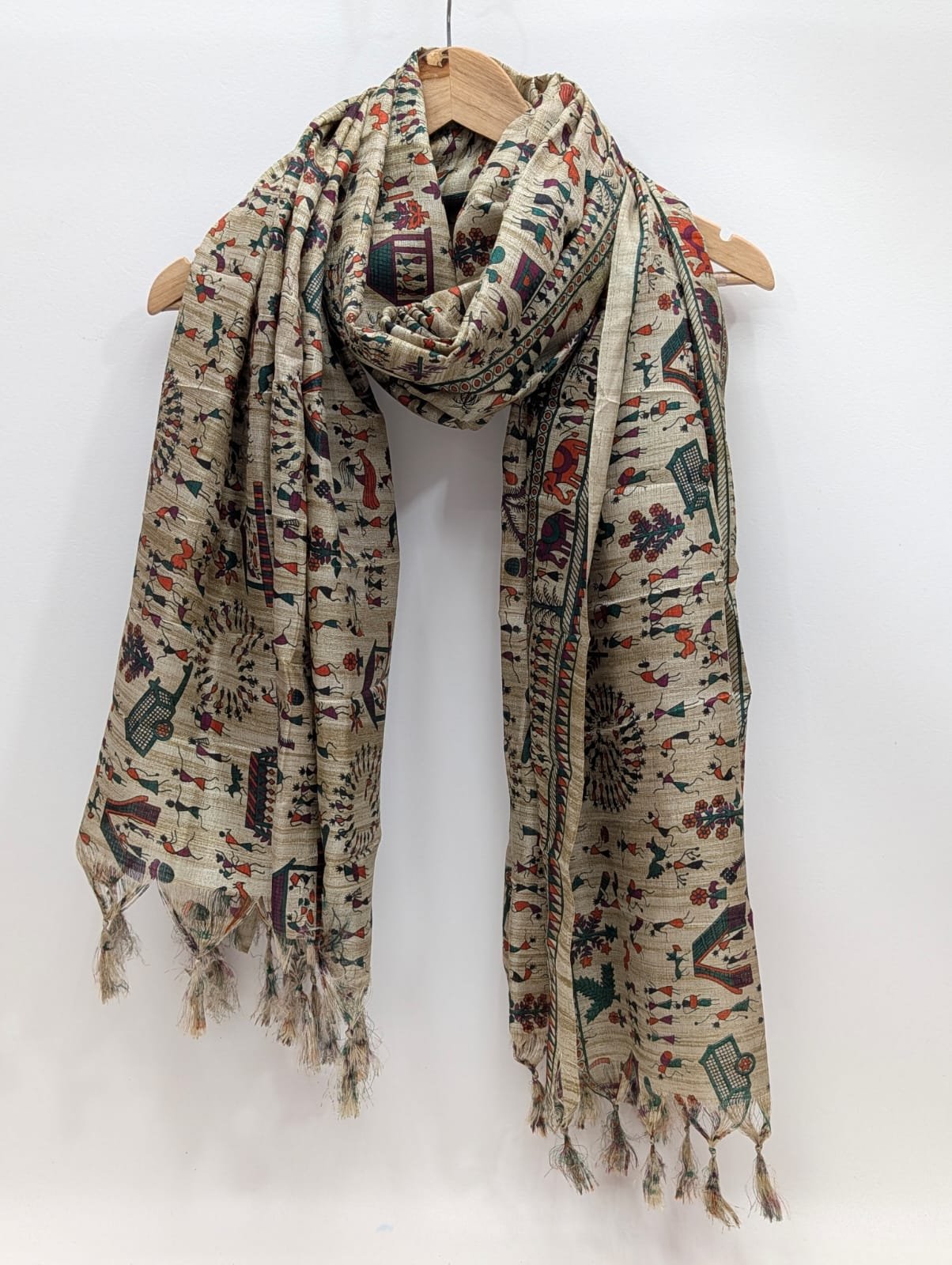 Beige traditional motif dupatta with tassels