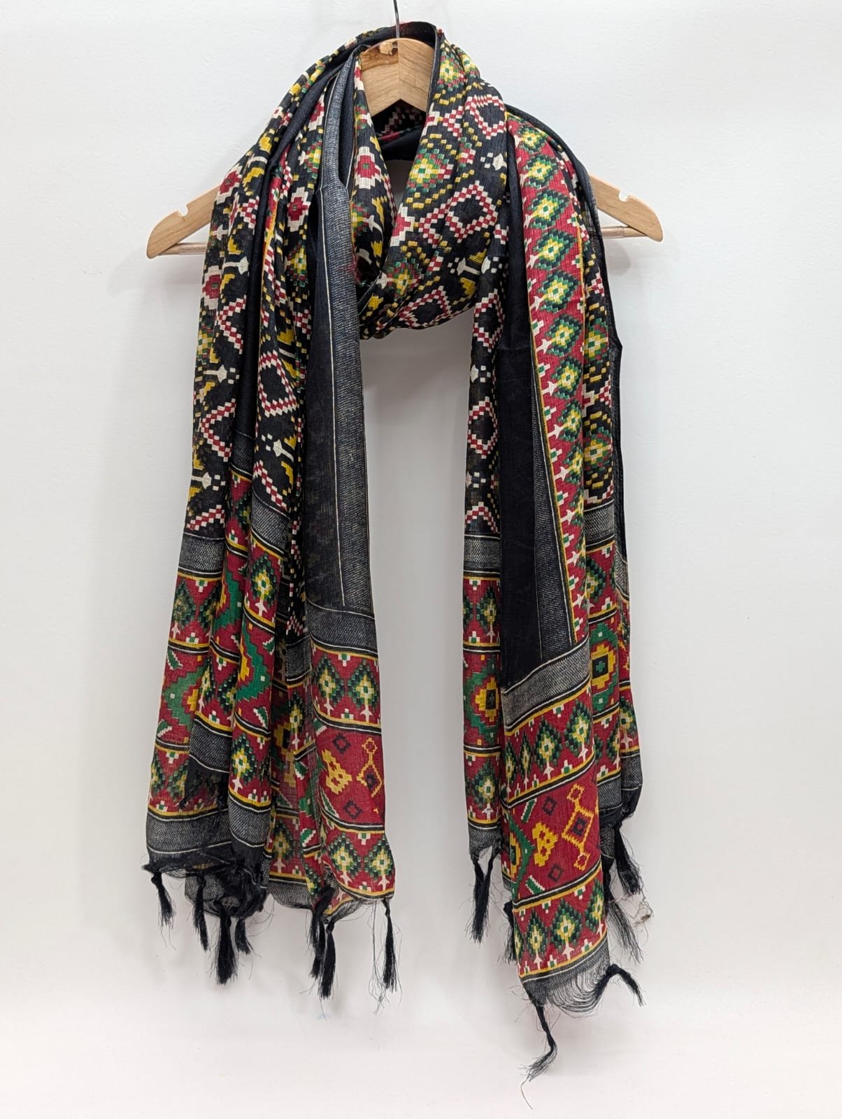 Black geometric khadi cotton-silk stole dupatta