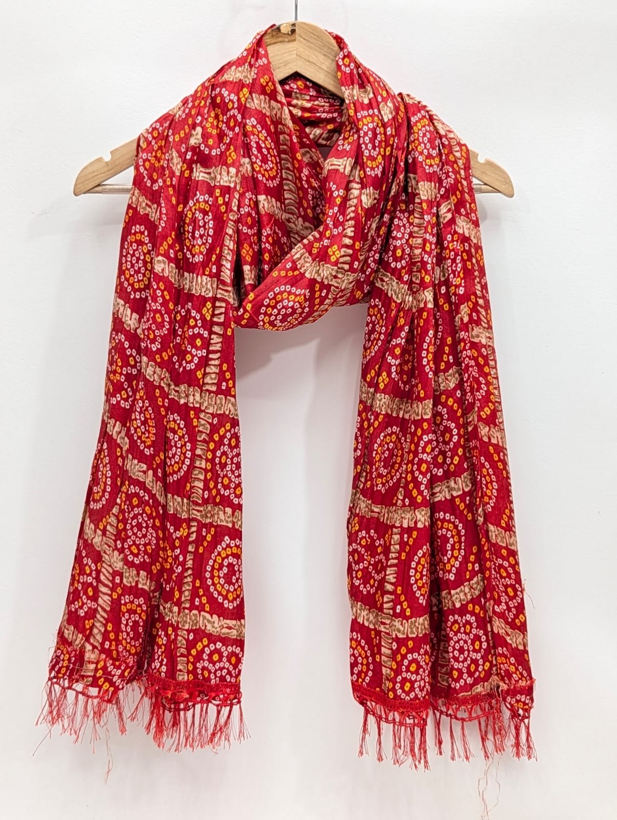 Red ethnic motif stole dupatta with tassels