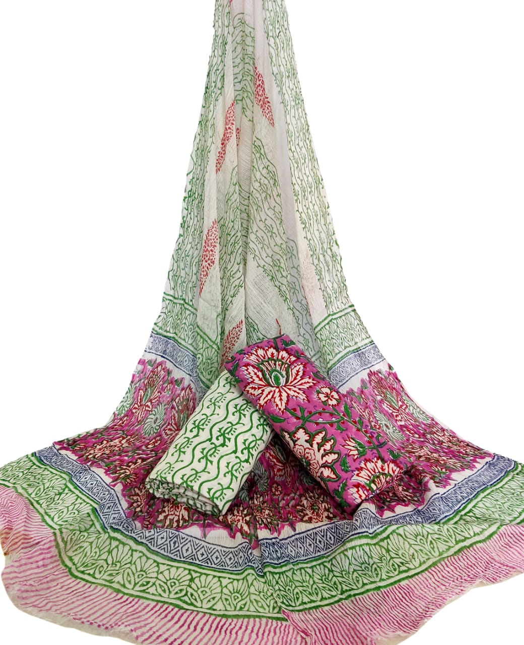 Bagru Hand Block Cotton Salwar Suit Set with Chiffon Dupatta - TSPSCFGB23