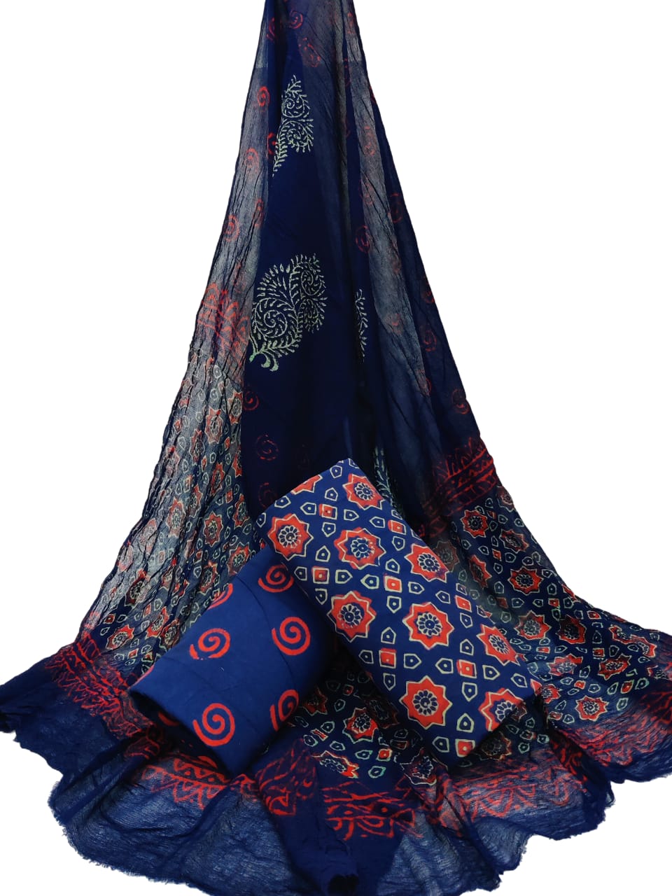 Bagru Hand Block Cotton Salwar Suit Set with Chiffon Dupatta - TSPSCFGB24