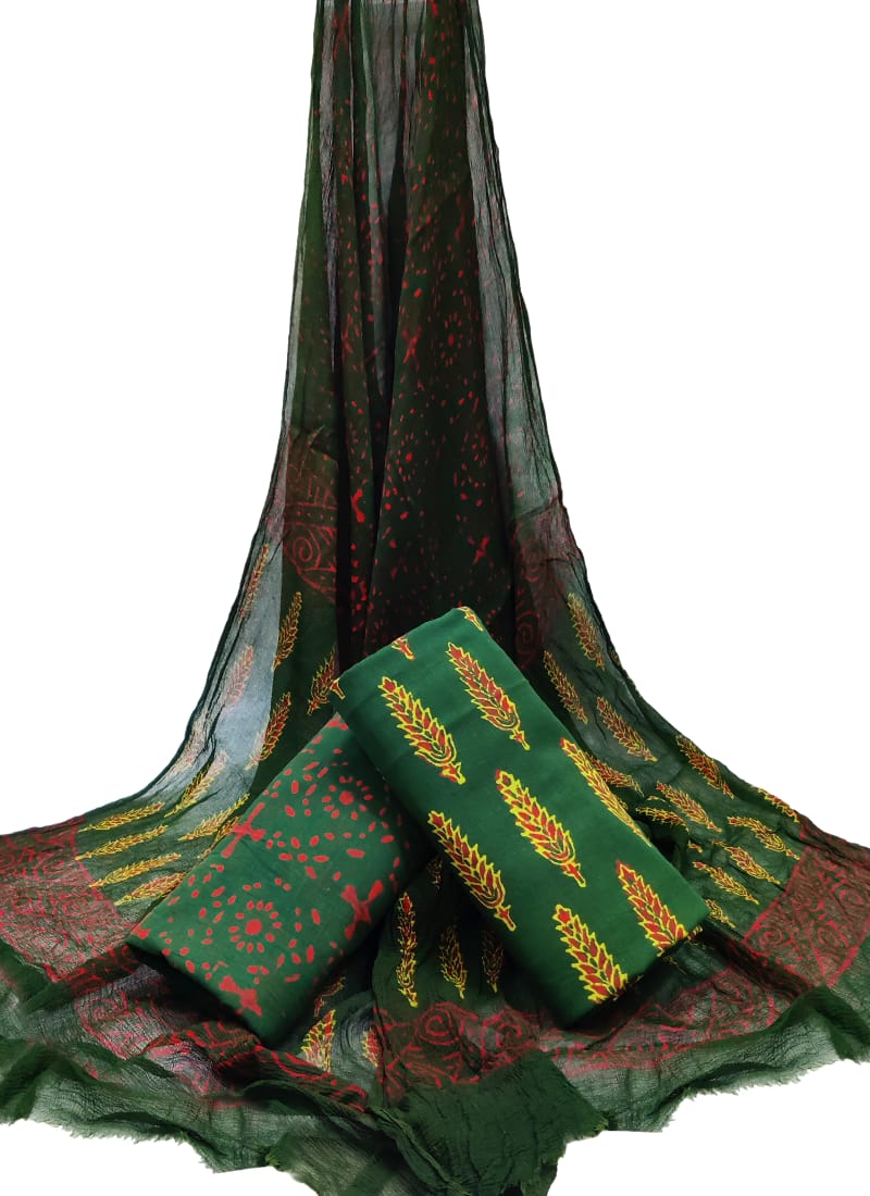 Bagru Hand Block Cotton Salwar Suit Set with Chiffon Dupatta - TSPSCFGB25