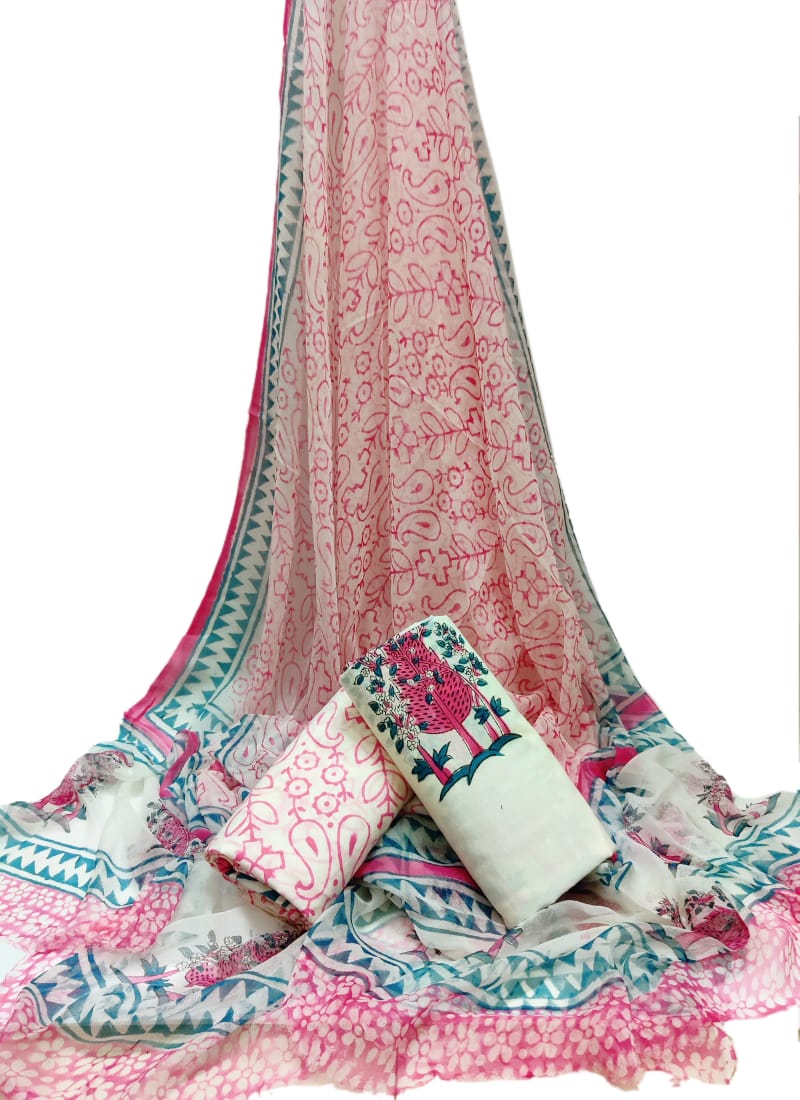 Bagru Hand Block Cotton Salwar Suit Set with Chiffon Dupatta - TSPSCFGB32