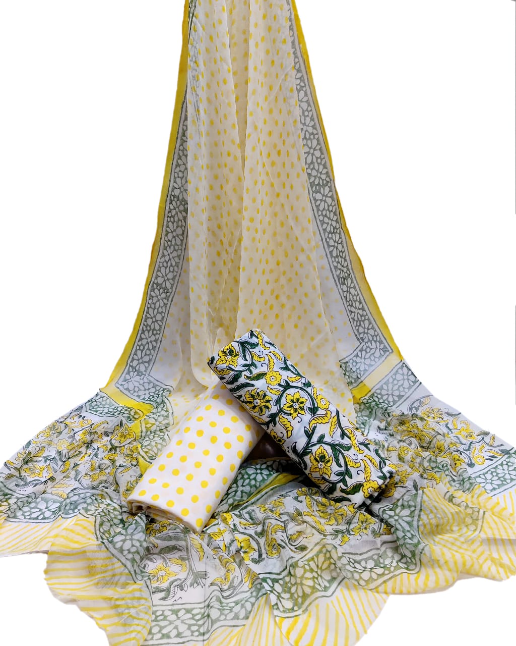 Bagru Hand Block Cotton Salwar Suit Set with Chiffon Dupatta - TSPSCFGB34