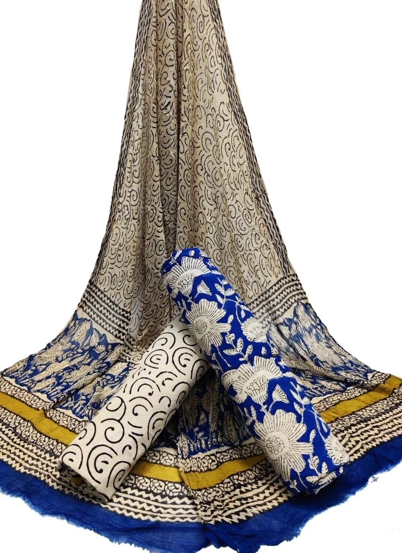 Bagru Hand Block Cotton Salwar Suit Set with Chiffon Dupatta - TSPSCFGB35