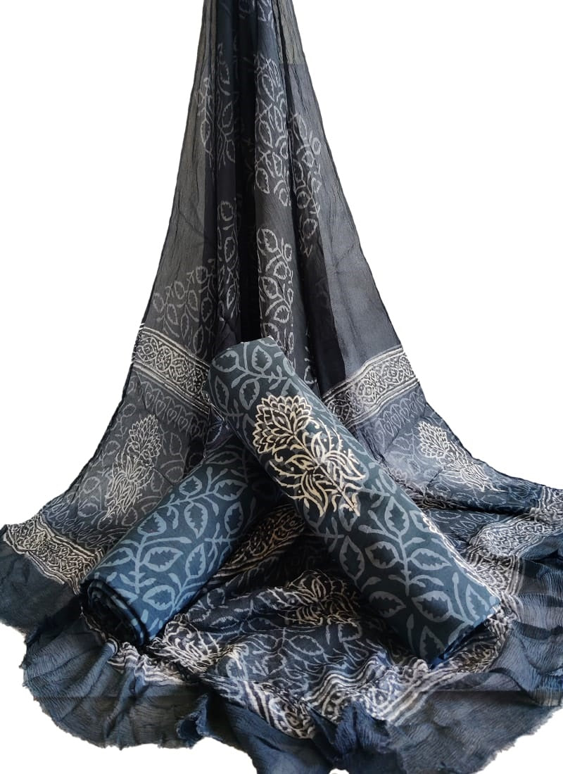 Bagru Hand Block Cotton Salwar Suit Set with Chiffon Dupatta - TSPSCFGB40