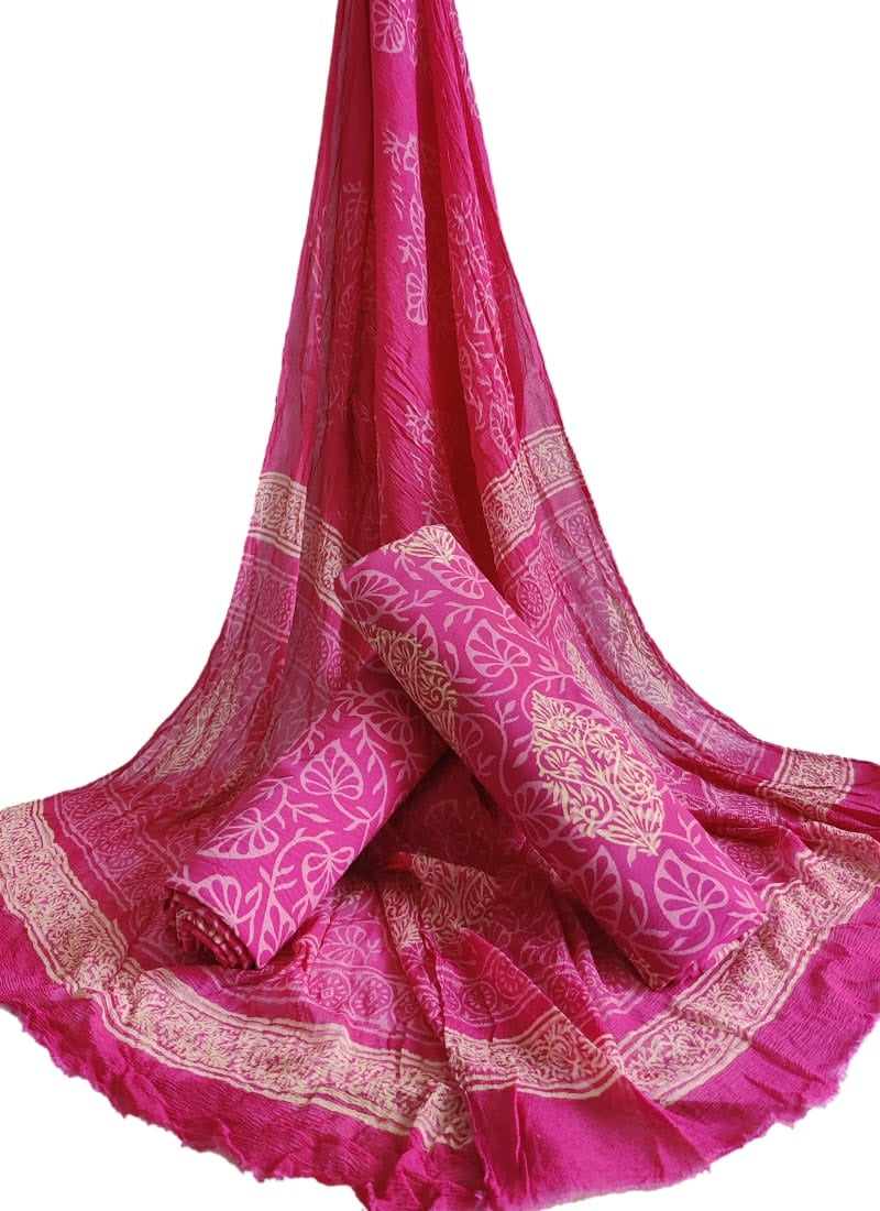 Bagru Hand Block Cotton Salwar Suit Set with Chiffon Dupatta - TSPSCFGB41