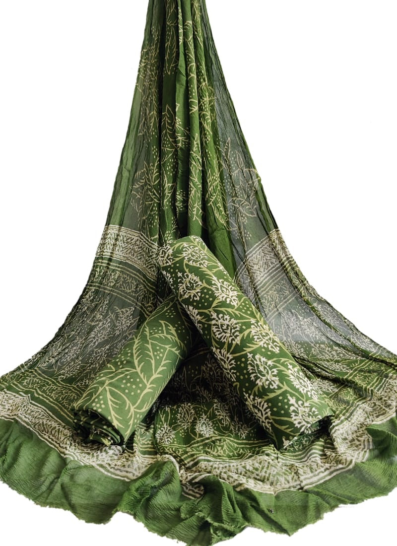 Bagru Hand Block Cotton Salwar Suit Set with Chiffon Dupatta - TSPSCFGB42