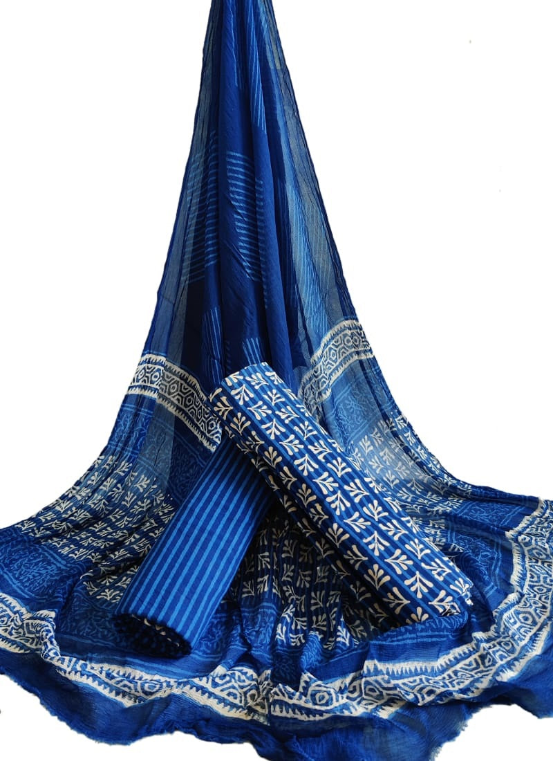 Bagru Hand Block Cotton Salwar Suit Set with Chiffon Dupatta - TSPSCFGB43