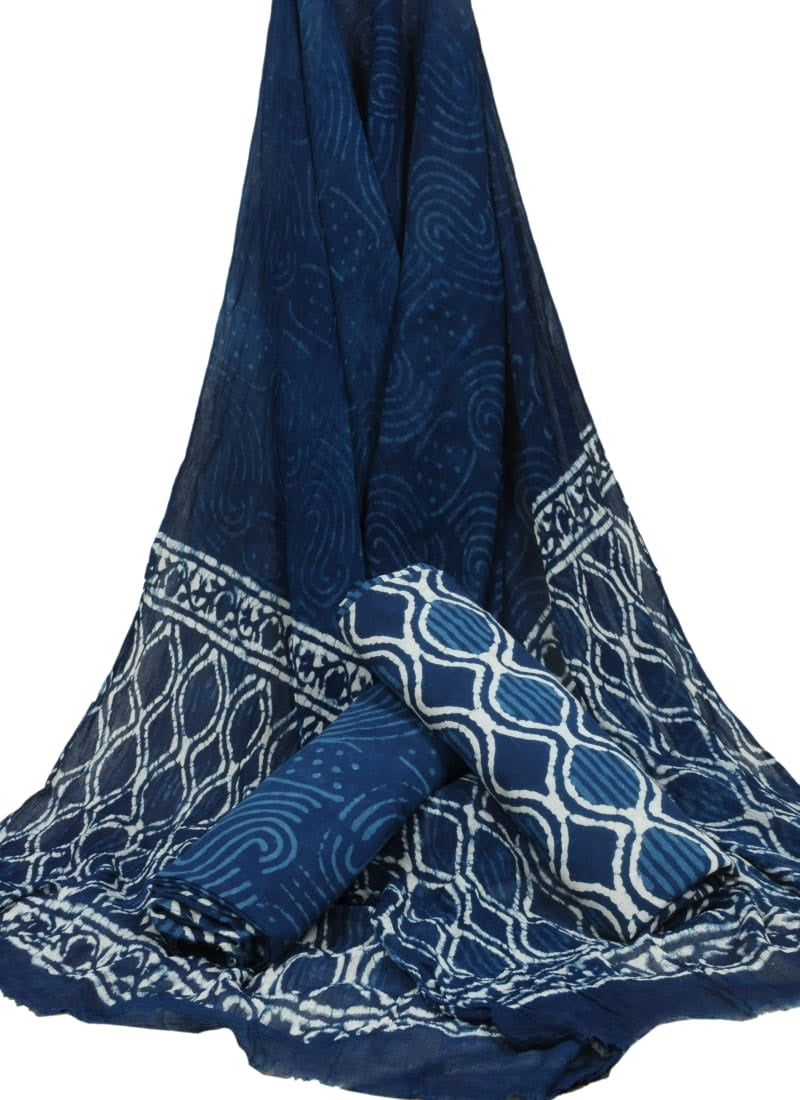 Bagru Hand Block Cotton Salwar Suit Set with Chiffon Dupatta - TSPSCFGB46