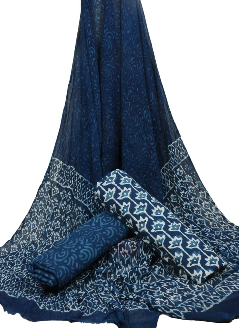 Bagru Hand Block Cotton Salwar Suit Set with Chiffon Dupatta - TSPSCFGB47