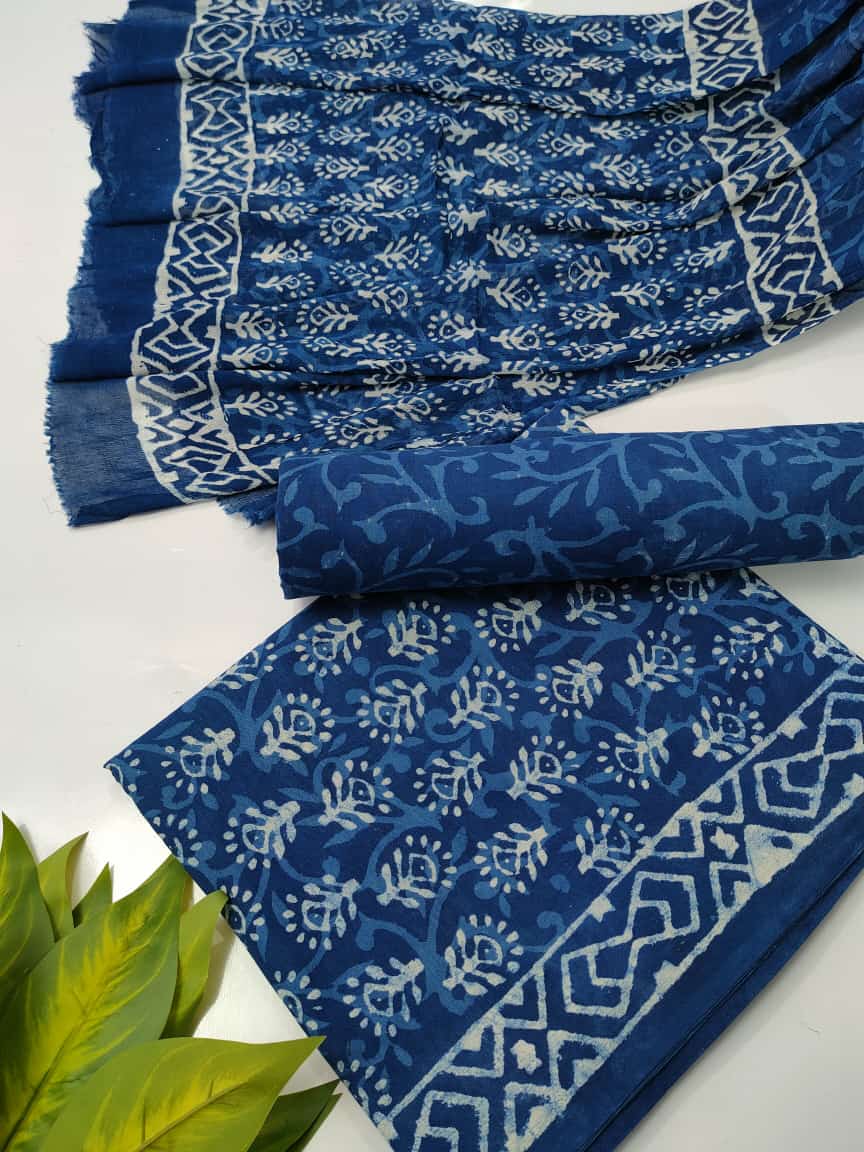 Bagru Hand Block Cotton Salwar Suit Set with Chiffon Dupatta - TSPSCFGB48