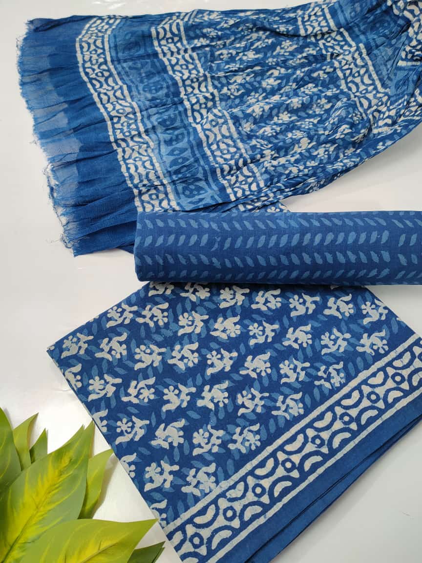 Bagru Hand Block Cotton Salwar Suit Set with Chiffon Dupatta - TSPSCFGB50