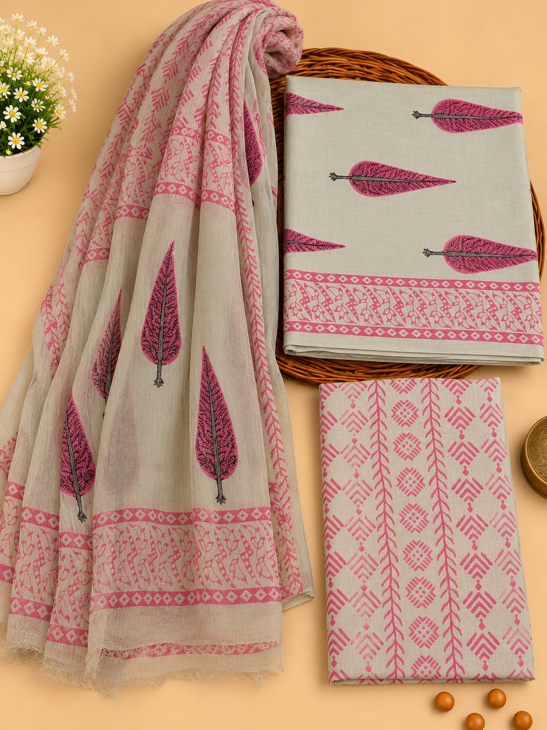 Grey & Pink Leaf Print Unstitched Cotton Suit Set with Chiffon Dupatta
