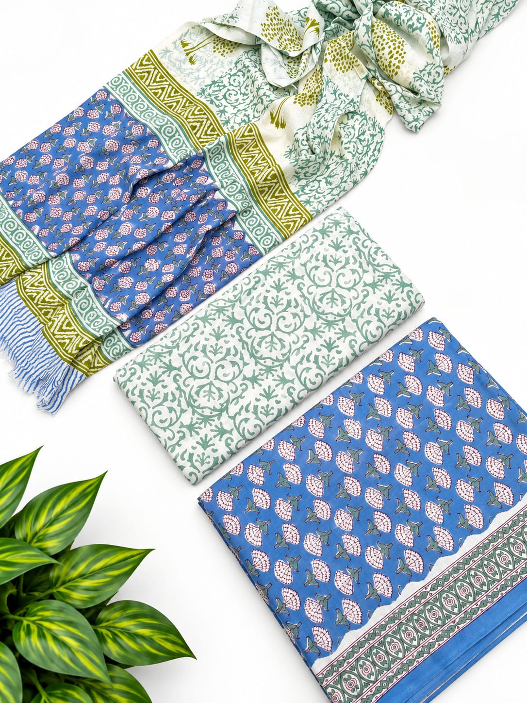 Blue Floral Booti Cotton Suit Set with Chiffon Dupatta