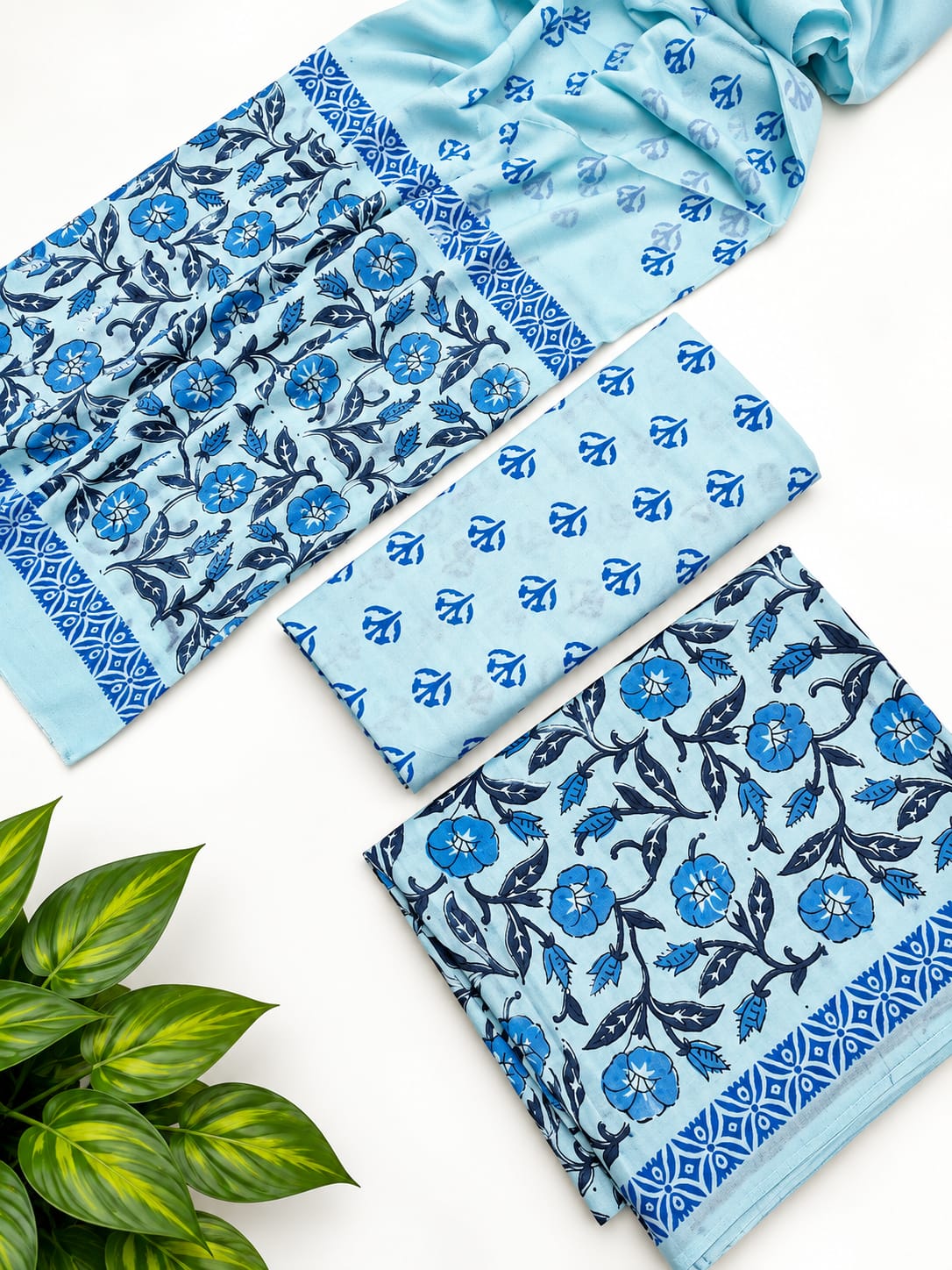 Blue Floral Cotton Suit Set with Chiffon Dupatta