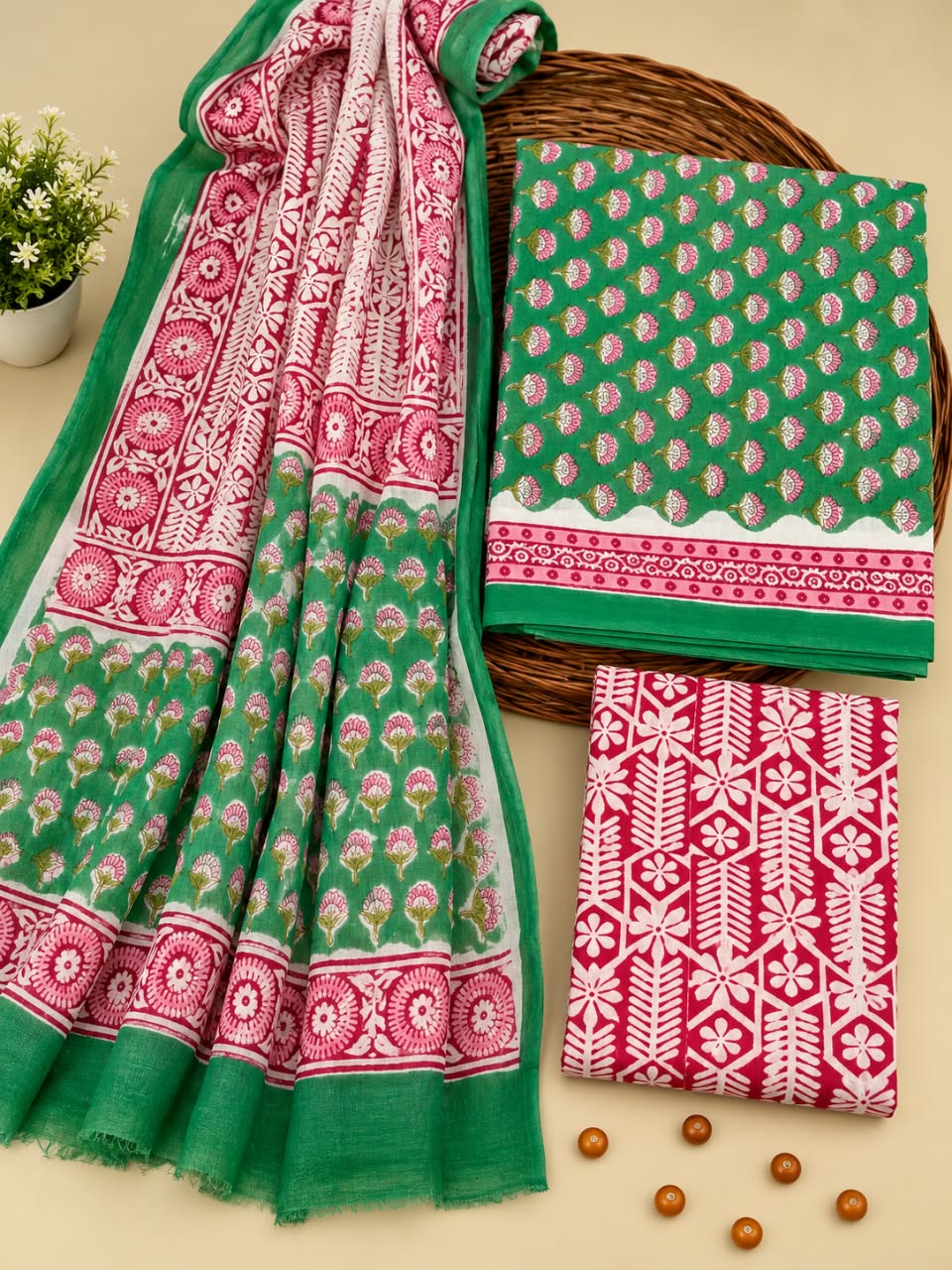 Green & Pink Floral Booti Unstitched Cotton Suit Set with Chiffon Dupatta