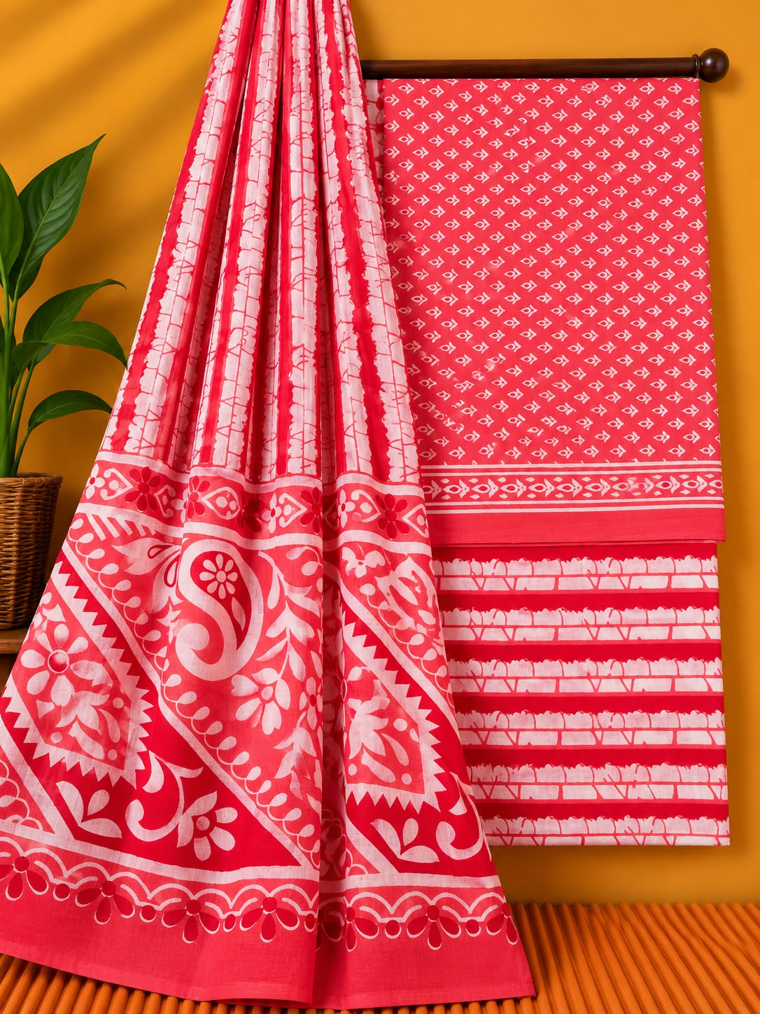 Coral Red Paisley Unstitched Cotton Screen Print Salwar Suit Set with Mul Cotton Dupatta