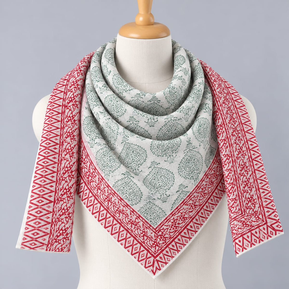 Red & Green Traditional Motif Hand Block Printed Mul-Cotton Scarf 100x100 cm