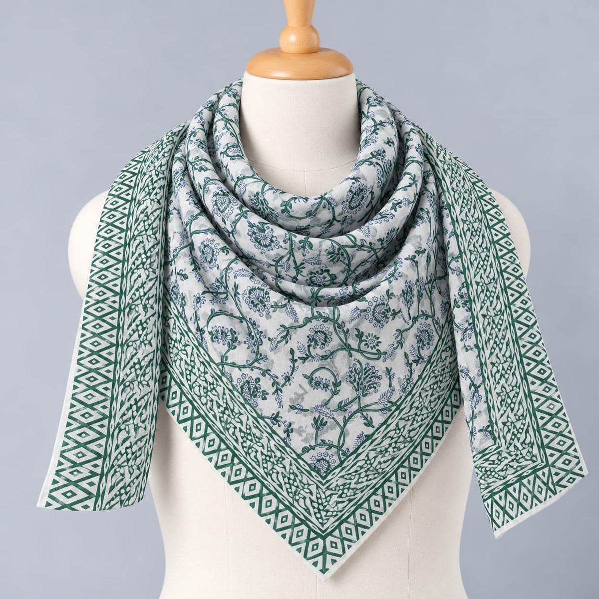 Green & Off-White Floral Jaal Hand Block Printed Mul-Cotton Scarf 100x100 cm