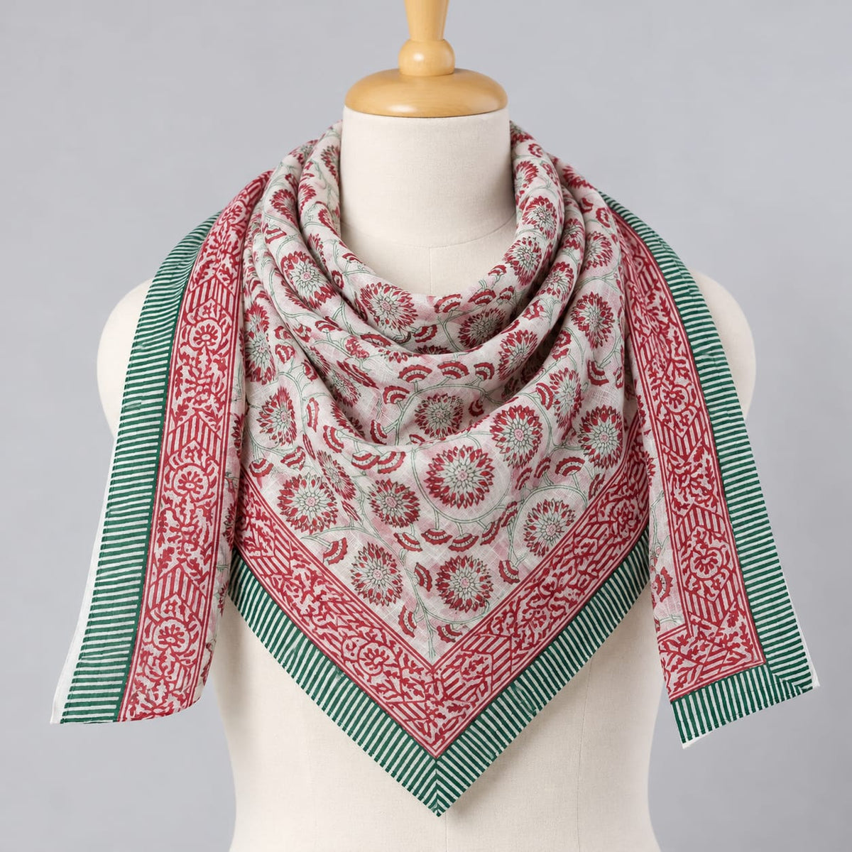 Off-White & Red Floral Booti Hand Block Printed Mul-Cotton Scarf 100x100 cm
