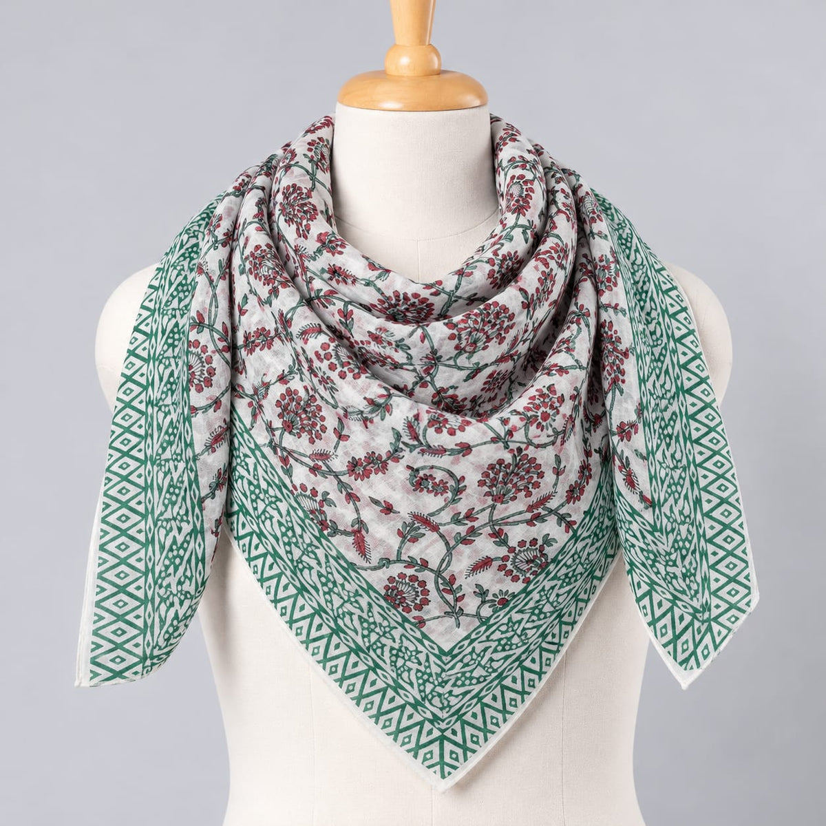 Off-White, Red & Green Floral Jaal Hand Block Printed Mul-Cotton Scarf 100x100 cm