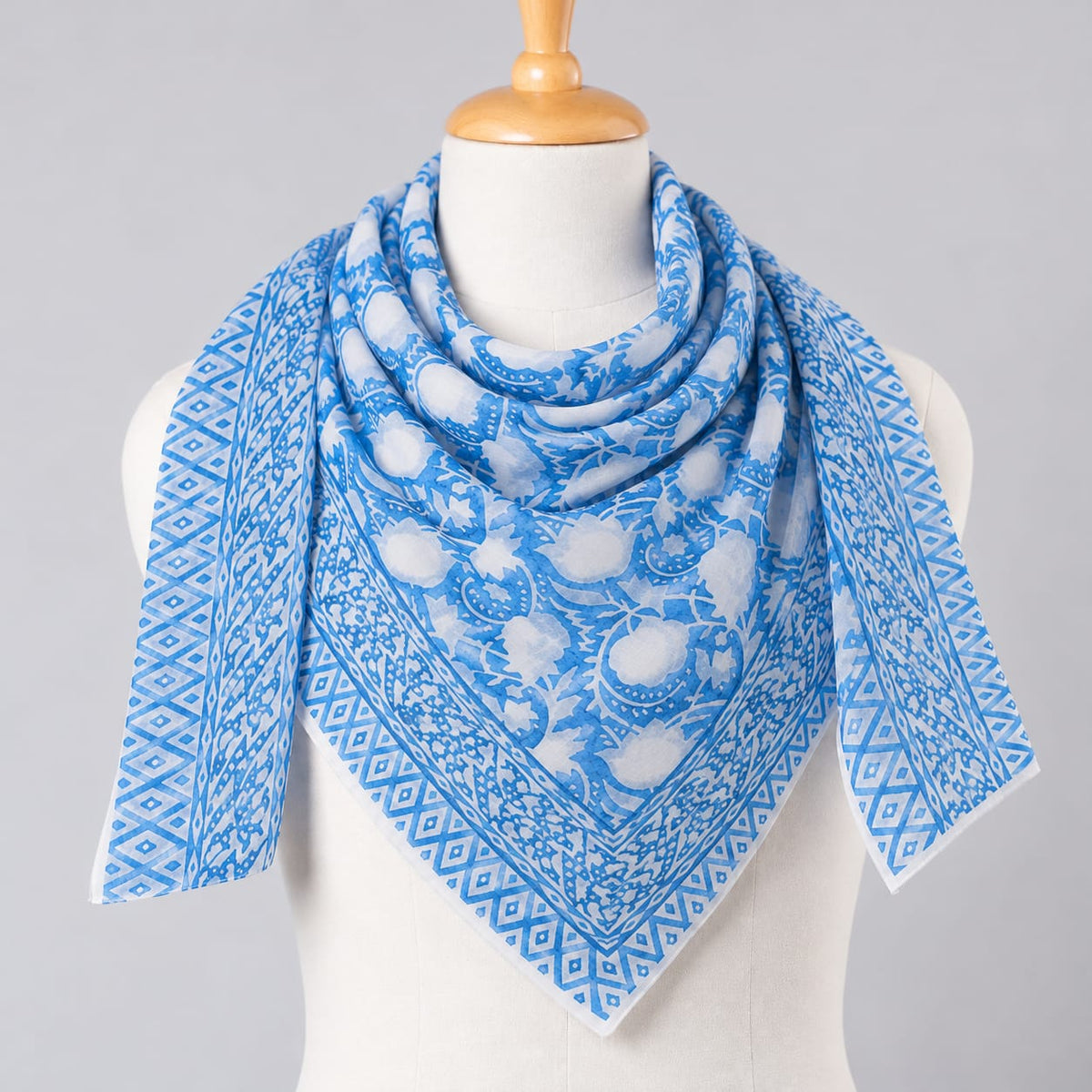 Blue & White Floral Jaal Hand Block Printed Mul-Cotton Scarf 100x100 cm
