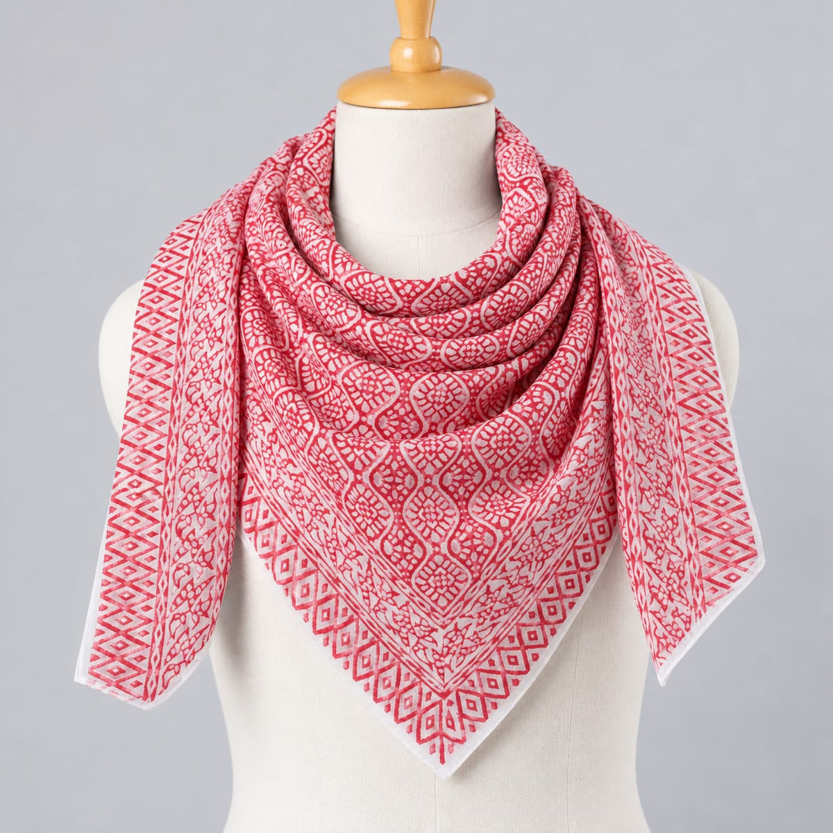 Red & White Traditional Motif Hand Block Printed Mul-Cotton Scarf 100x100 cm