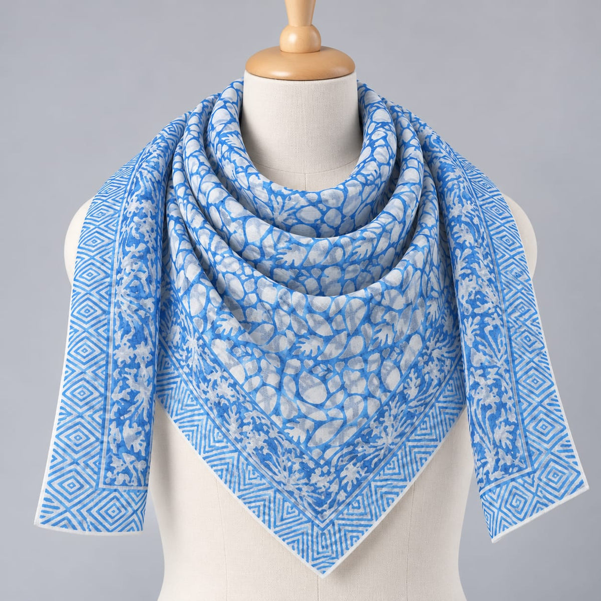 Blue & White Floral Jaal Hand Block Printed Mul-Cotton Scarf 100x100 cm