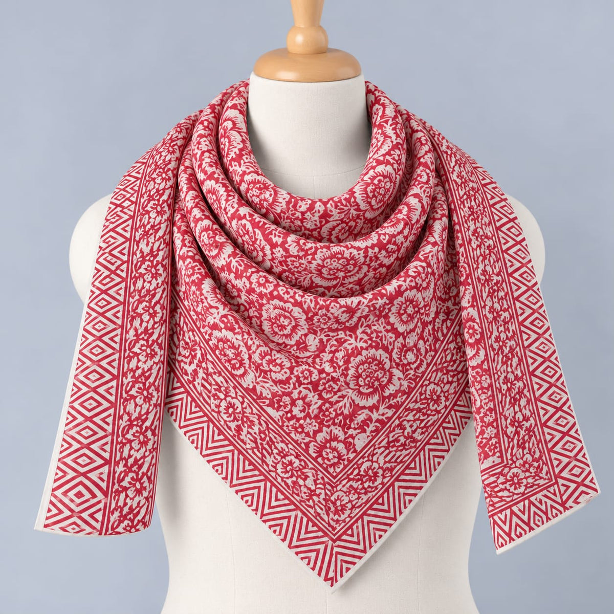 Red & Off-White Floral Jaal Hand Block Printed Mul-Cotton Scarf 100x100 cm
